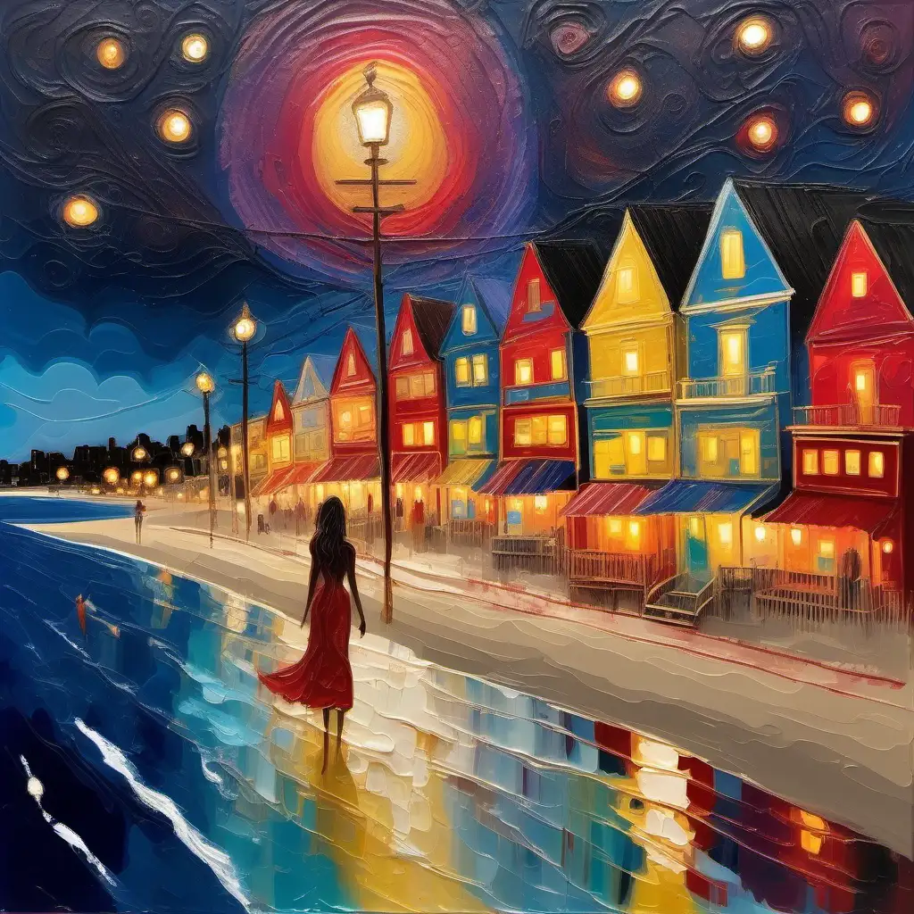Impressionistic interpretation of a beach town landscape, nighttime, stars and electric lights, vibrant colors and distinct brushstrokes, textured, atmospheric, tactile , layered, bipolar, the story of a beautiful mysterious woman , soft outline, details of gold and rubies