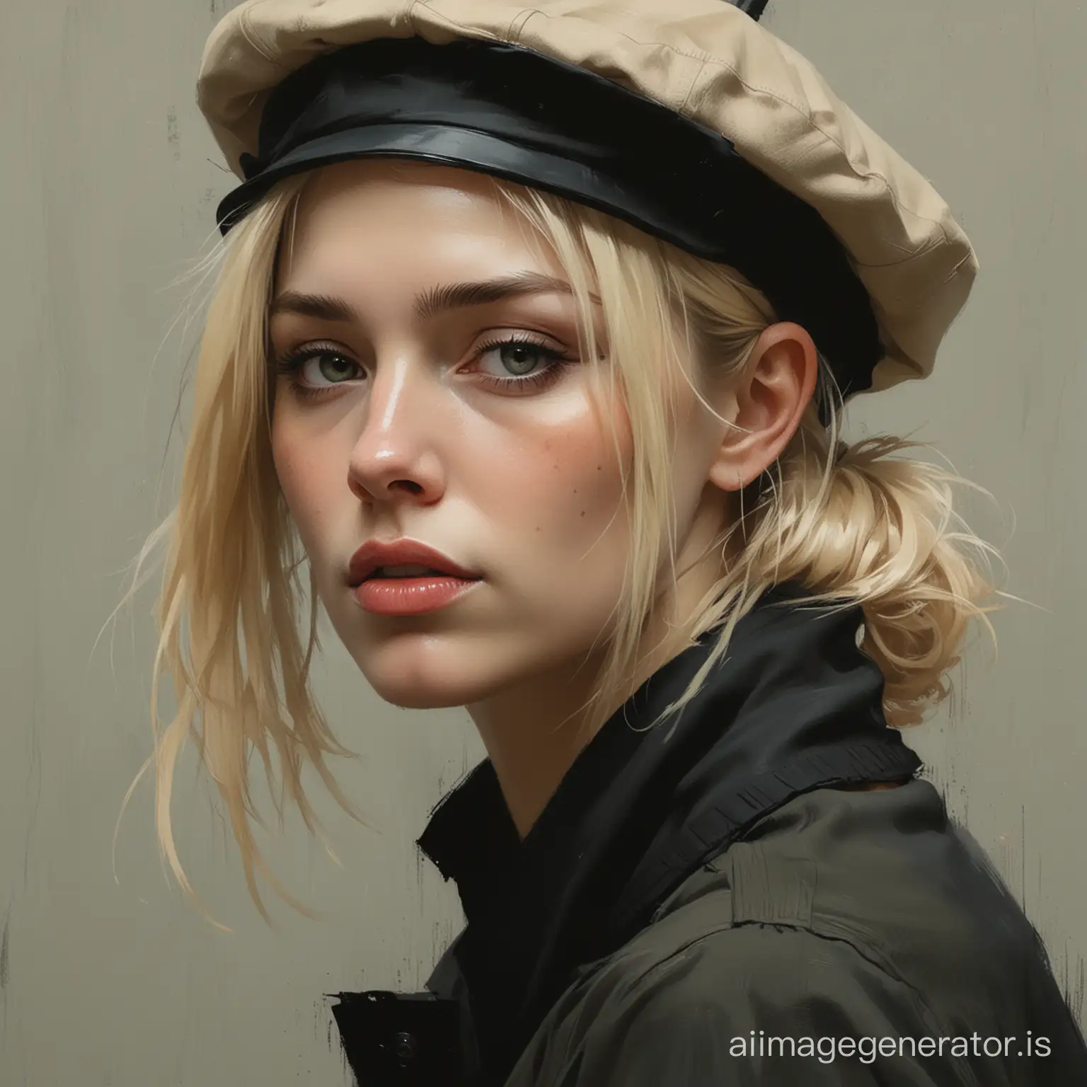 painting by Jeremy Mann, Jeremy Mann style drawing, sad blonde woman in beret, close-up, 3/4 profile, detail, full style.