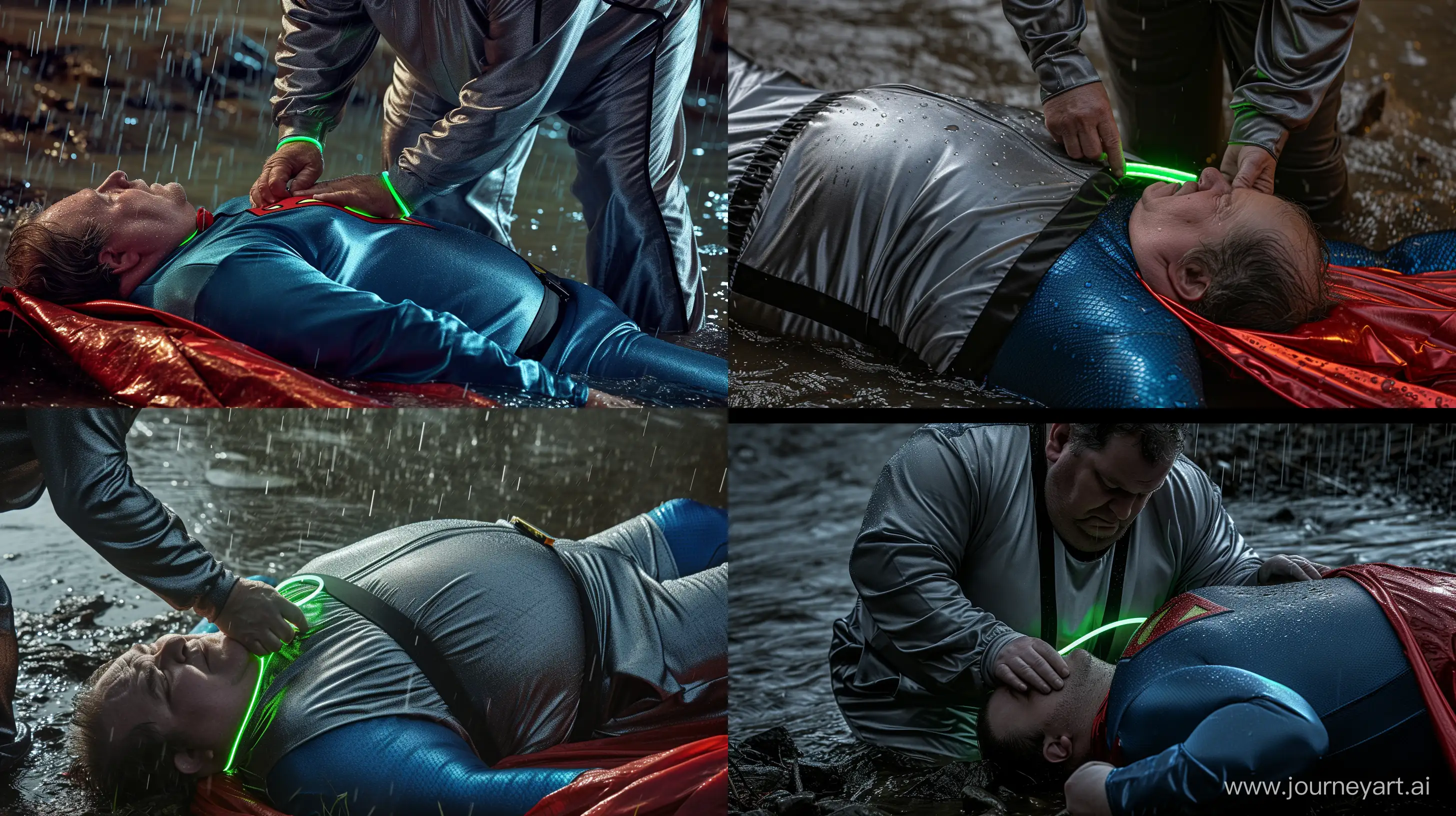 Close-up photo of a fat man aged 60 wearing a silk gunmetal grey tracksuit with a black stripe on the pants. He is tightening a tight green glowing neon dog collar on the neck of a fat man aged 60 wearing a tight blue 1978 smooth superman costume with a red cape lying in the rain. Natural Light. River. --style raw --ar 16:9