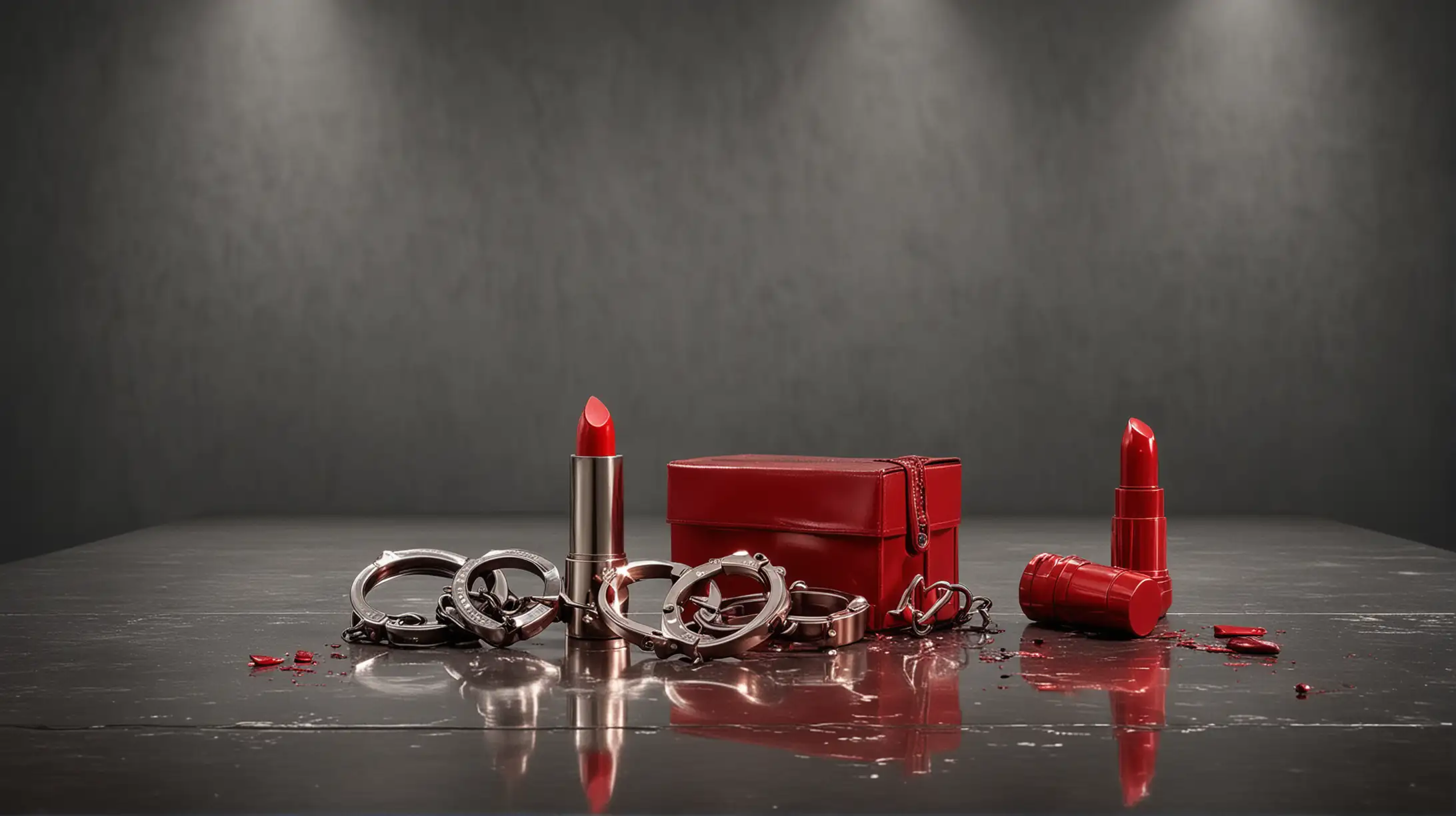 Create a compelling image prompt featuring metallic handcuffs and red lipstick products within a captivating and intense scene:

Subject Matter: Close-up view of metallic handcuffs and red lipstick products [1].
Setting: A dark room with moody lighting to enhance the dramatic atmosphere.
Lighting: Utilize dramatic lighting to highlight the metallic finish of the handcuffs and glossy texture of the lipstick.
Color Scheme: Red tones dominate the scene, adding intensity and luxury to the composition.
Details: Emphasize detailed textures on the metallic surfaces and lipstick packaging [3], [5], [6].
Arrangement: Scatter red lipstick products on the floor and table to create a dynamic visual narrative.
Mood: Convey professionalism and excitement with a touch of intrigue, appealing to high-quality artistic interpretations.
This image prompt aims to inspire AI-generated artwork that captures the essence of luxury and intensity in an unconventional setting.