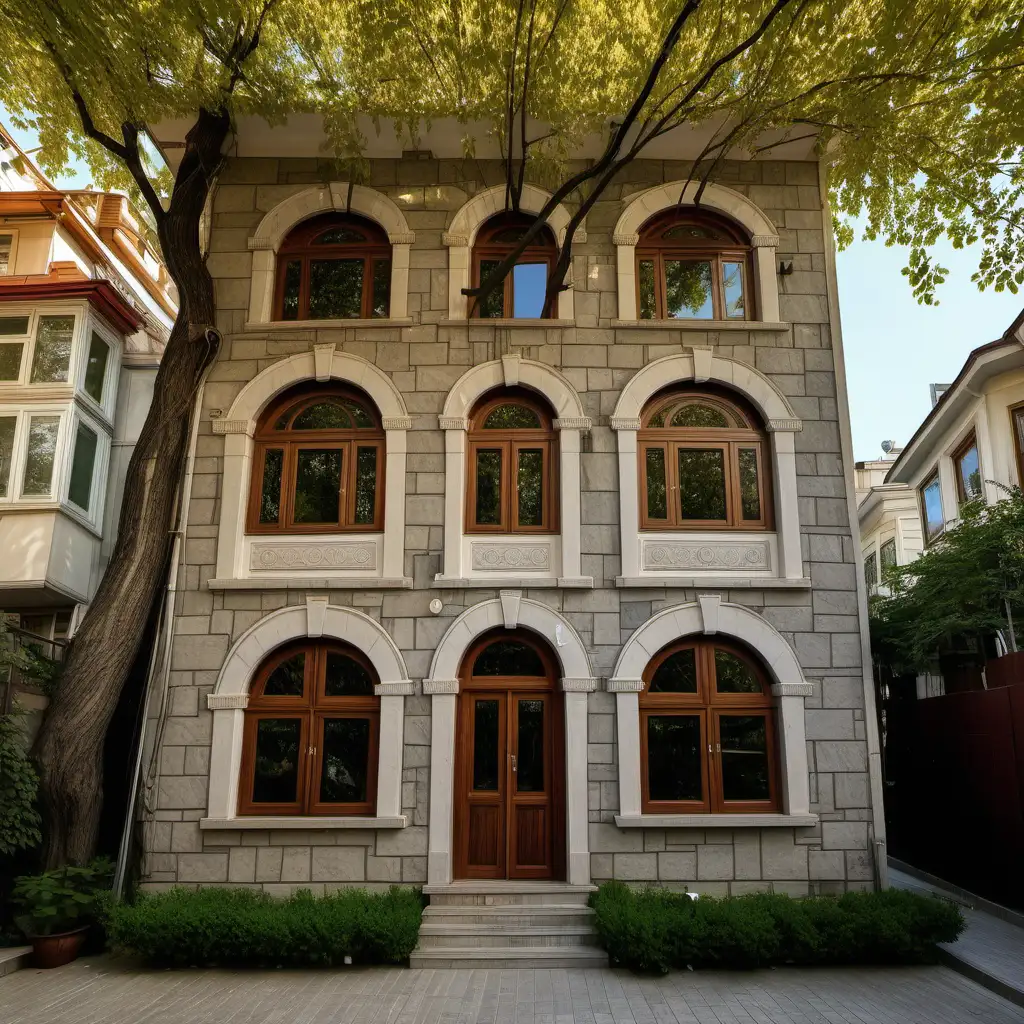 traditional Turkish house in Istanbul, new period Ottoman style, wooden windows, stone facade, circular windows, bay window, big garden, people, sunny weather, Judas tree in the garden, on the street 