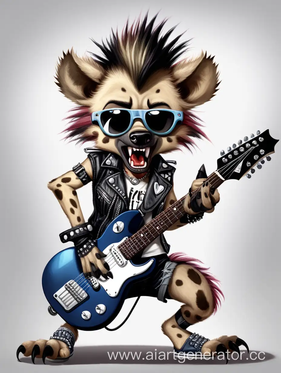 Фурри гиена играет на рок гитаре. Она одета в стиль панк и рока. На голове ирокез.