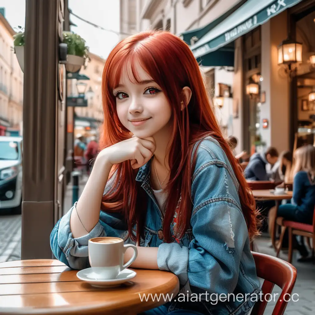 At first glance, this 18-year-old girl attracts attention with her sophisticated and stylish image. Sitting in a cozy cafe on the street, she is surrounded by an atmosphere of peace and pleasure. Her red hair cascades over her shoulders, creating a lively contrast with her delicate face. Deep red eyes emit sparks of intelligence and passion, making you attract the gazes of others. She is dressed in an attractive outfit consisting of comfortable and stylish jeans and an original blouse in a bright color that emphasizes her personality. She has comfortable low-heeled boots on her feet, giving her a relaxed and elegant look She holds a cup of fragrant coffee in her hands, which she enjoys while immersed in thought. Her smile is bright and welcoming, as if inviting a friendly conversation