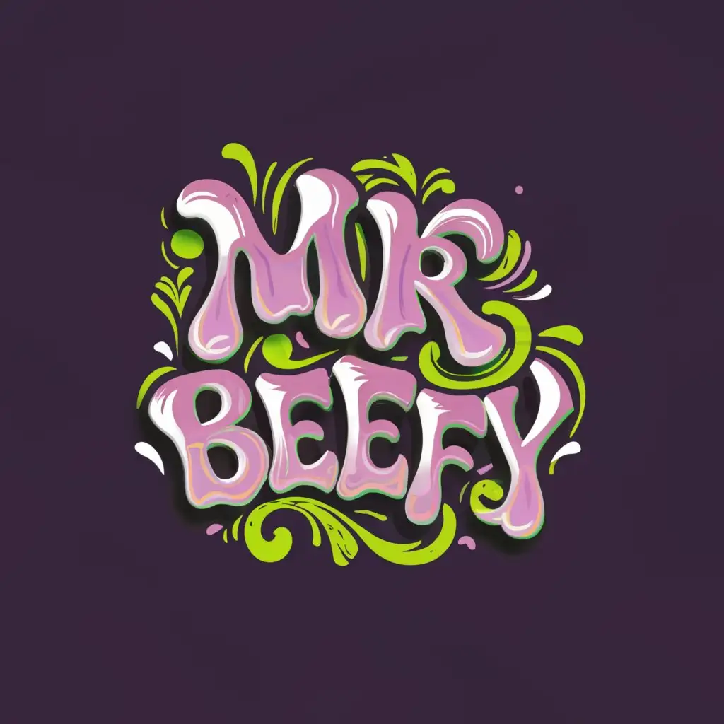 Purple and green text, gang style with sharp lines and a green and purple design behind the text that says "Mr. Beefy"