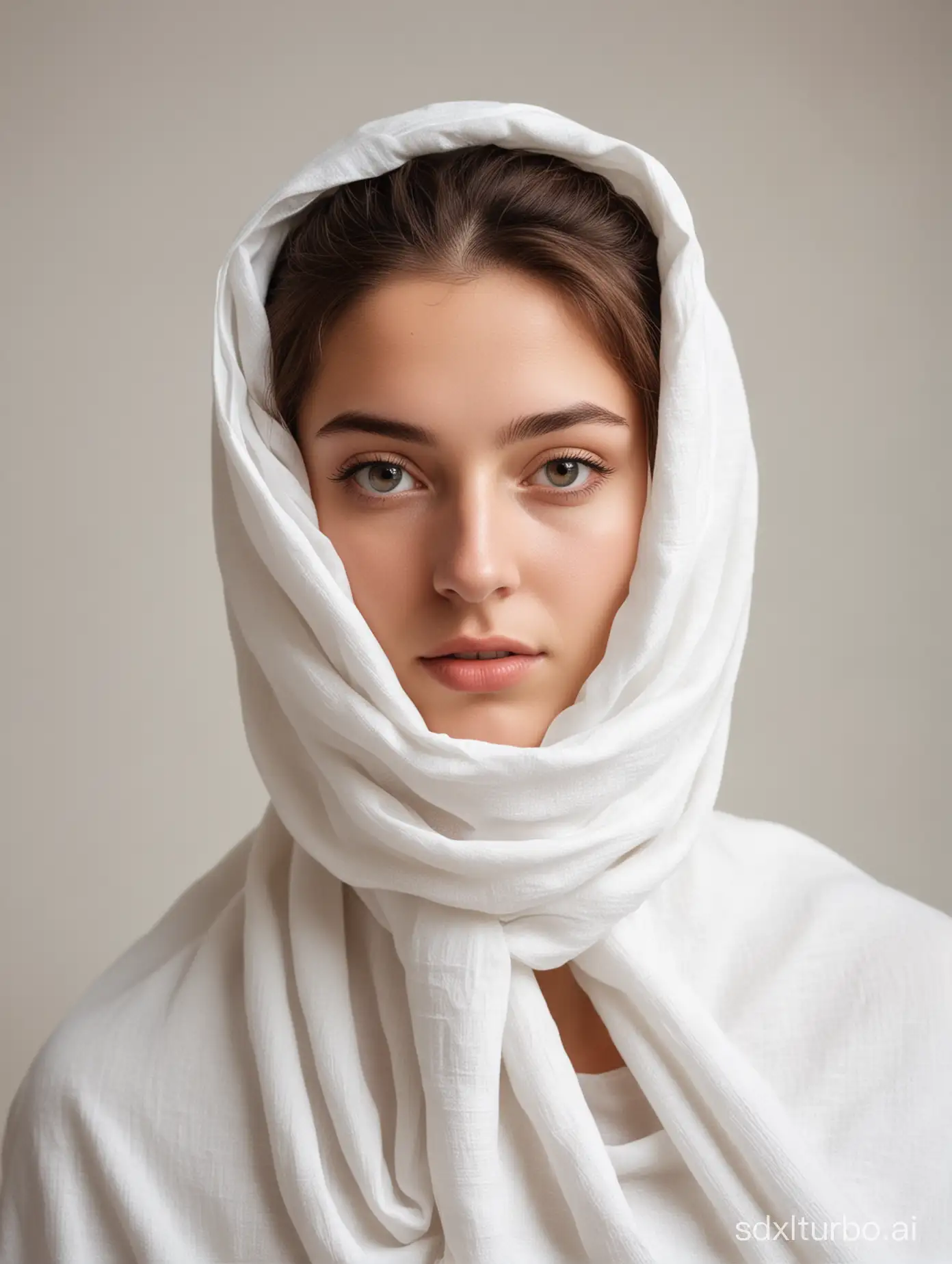 young women with faces covered with white fabric  looking like an ancient Greek statue