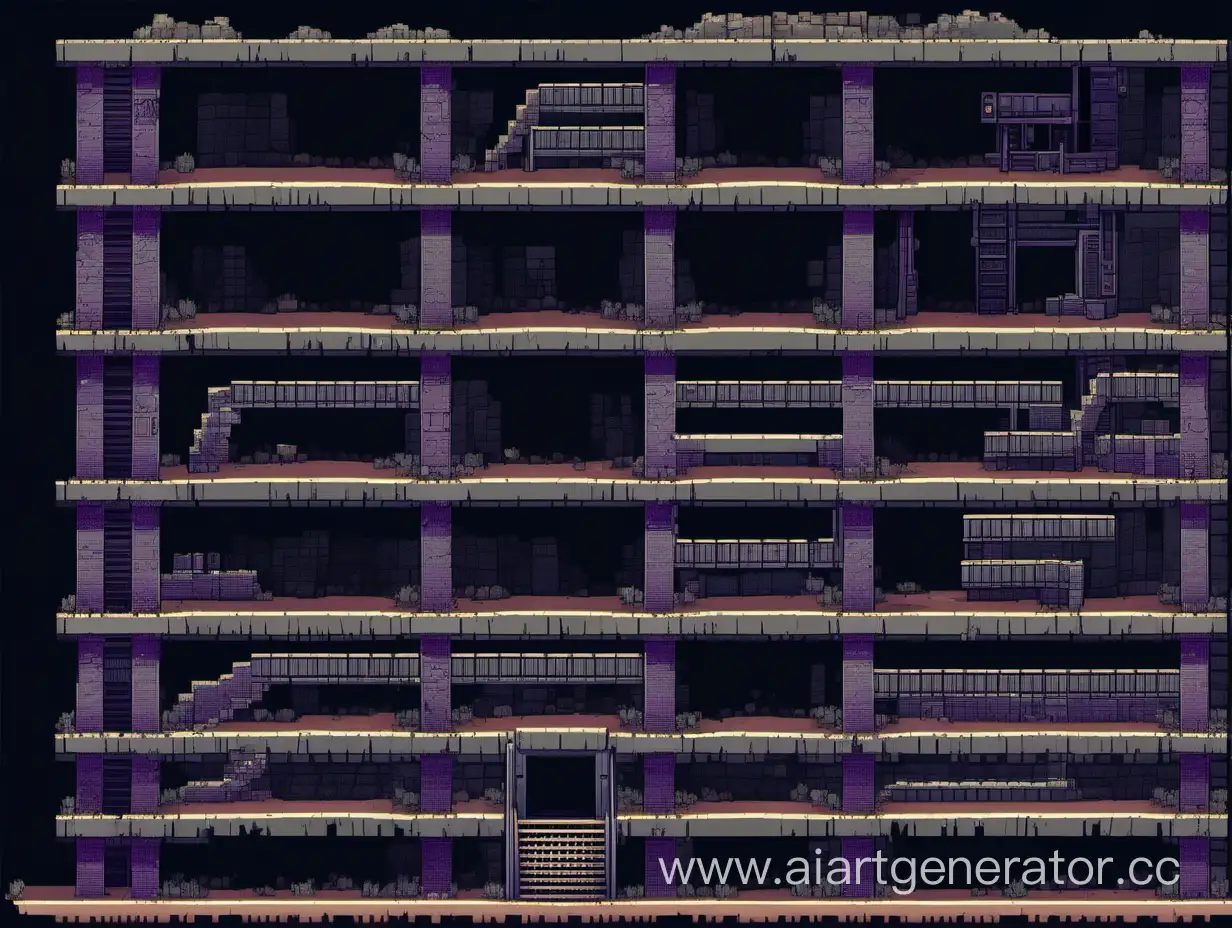2D уровень заброшенного тёмного бункера в пиксельном стиле с большим количеством этажей 
