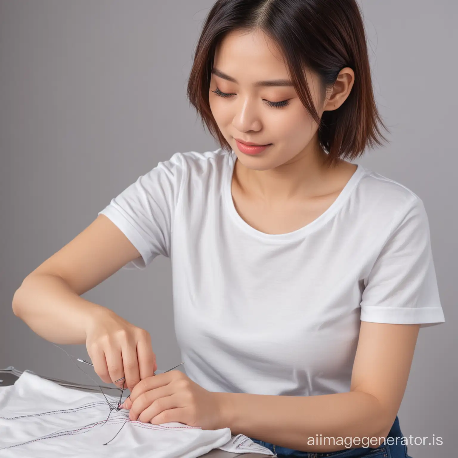 Asian women sewing tshirt with needle, female tailor