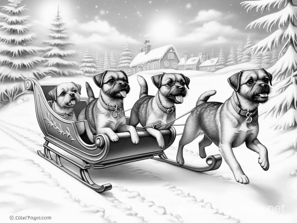 Border Terrier dogs pulling Santa's sleigh. fantasy   beautiful    very cute  Thomas Kinkade , Coloring Page, black and white, line art, white background, Simplicity, Ample White Space. The background of the coloring page is plain white to make it easy for young children to color within the lines. The outlines of all the subjects are easy to distinguish, making it simple for kids to color without too much difficulty