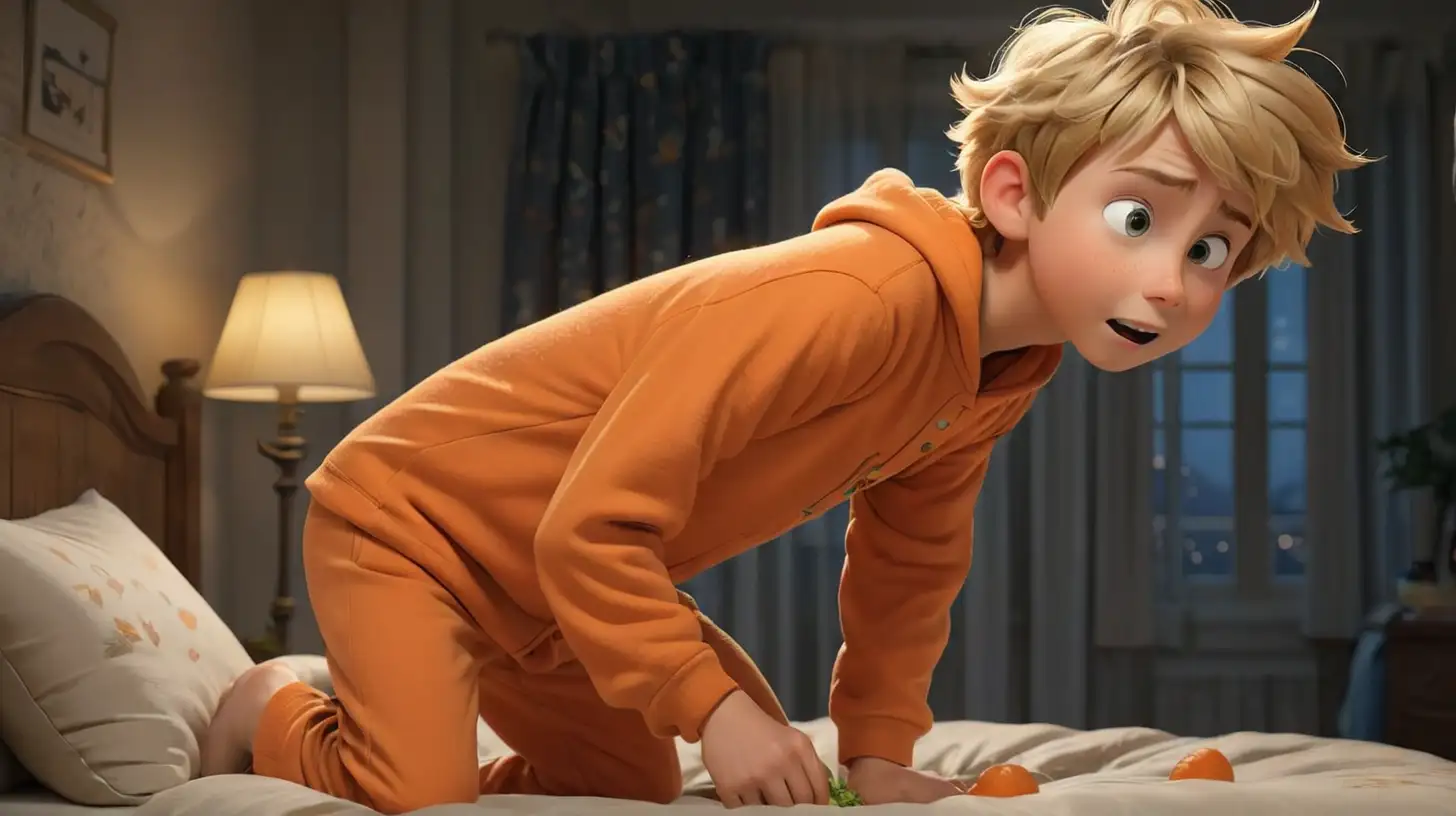 A carrot is trying to climb into the bed of a blond-haired 10-year-old boy, he wearing orange color pajamas, at night, pixar movie style