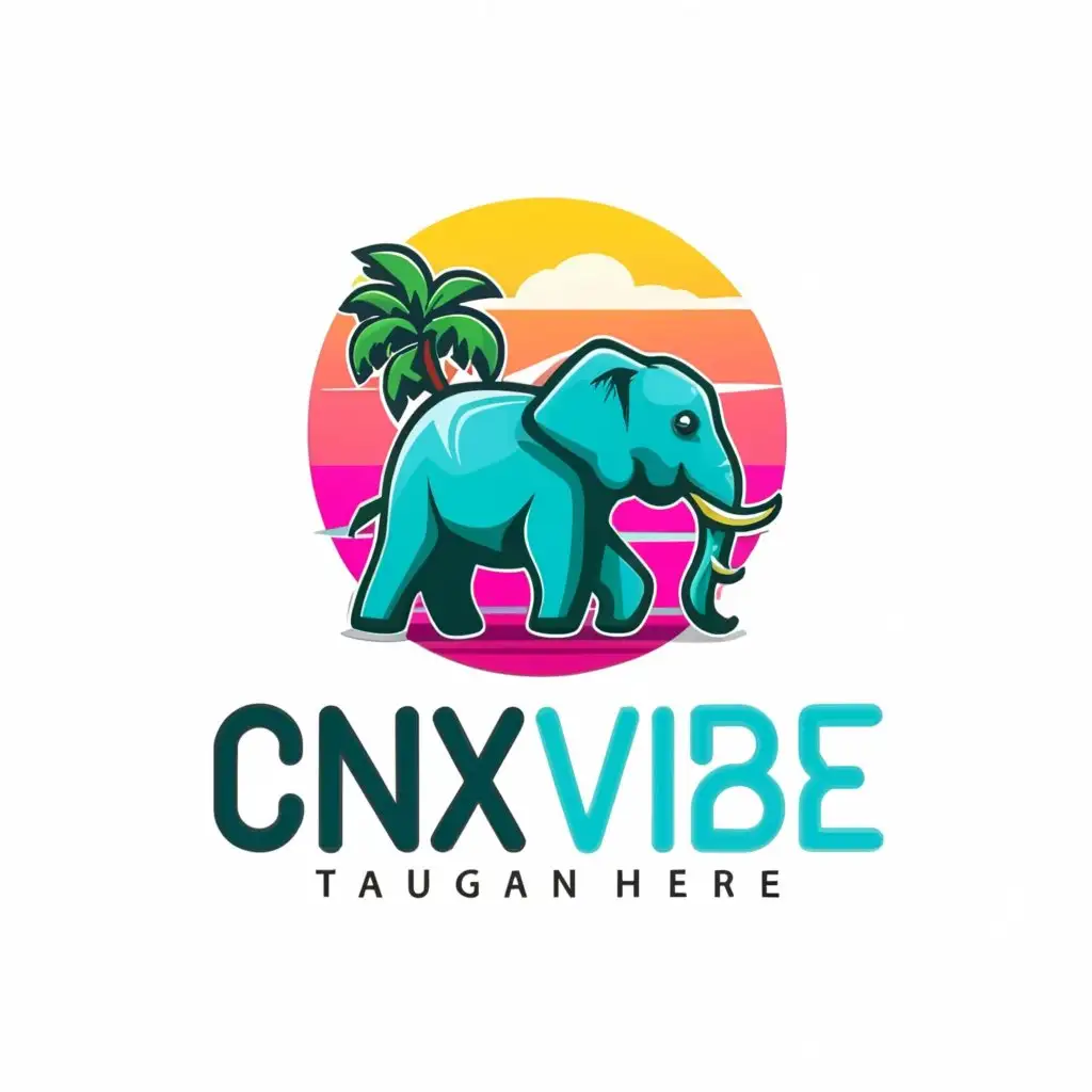 a logo design, with the text CNX VIBE, main symbol: cute happy elephant, moderate, be used in travel industry, clear background, Modern font, jungle theme, sunset,