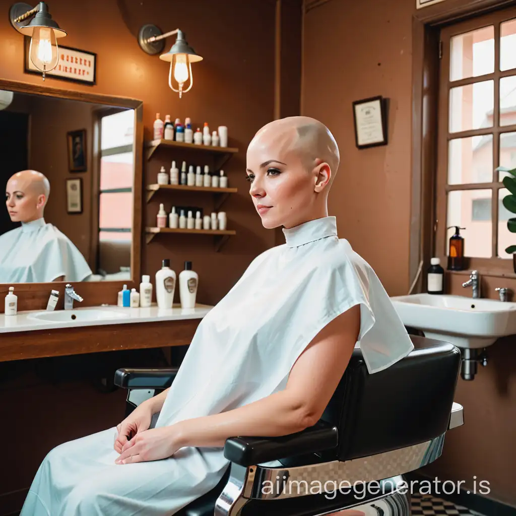 A bald woman sits in a traditional barbershop.