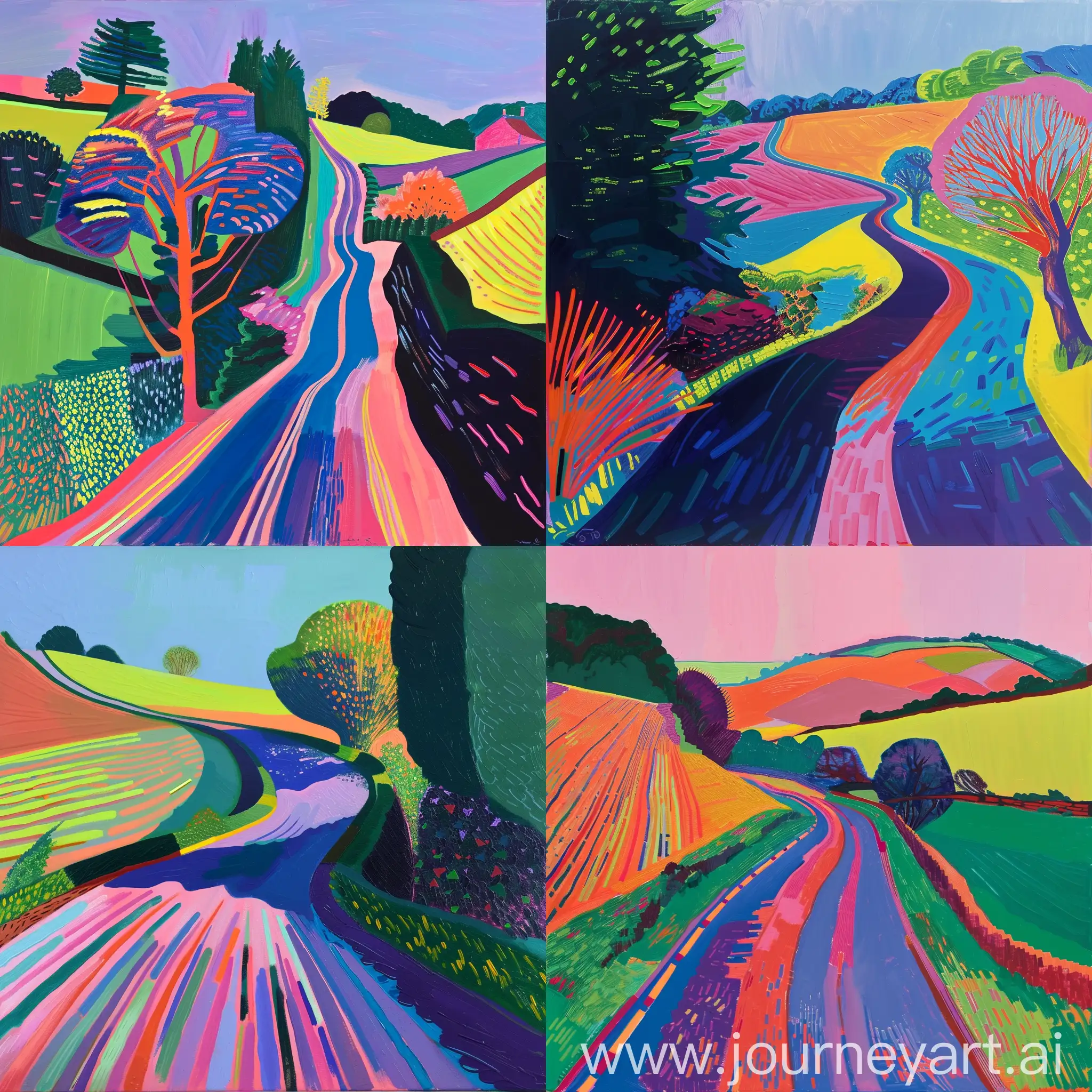 oil painting of "the road to york through sledmere" by David hockney in cubism style with bright neon pastel colours 