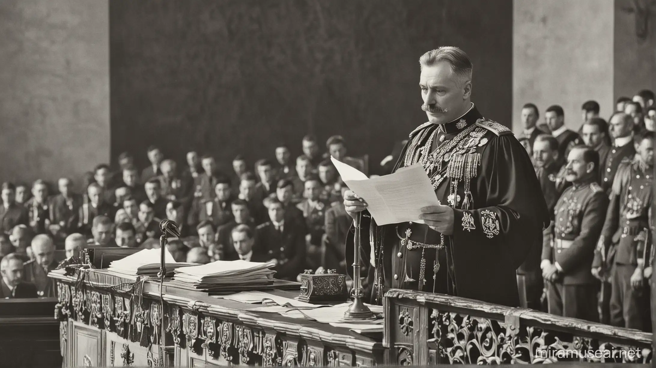 General romeno discursando em um altar, segurando um documento. no tribunal em 1910.
