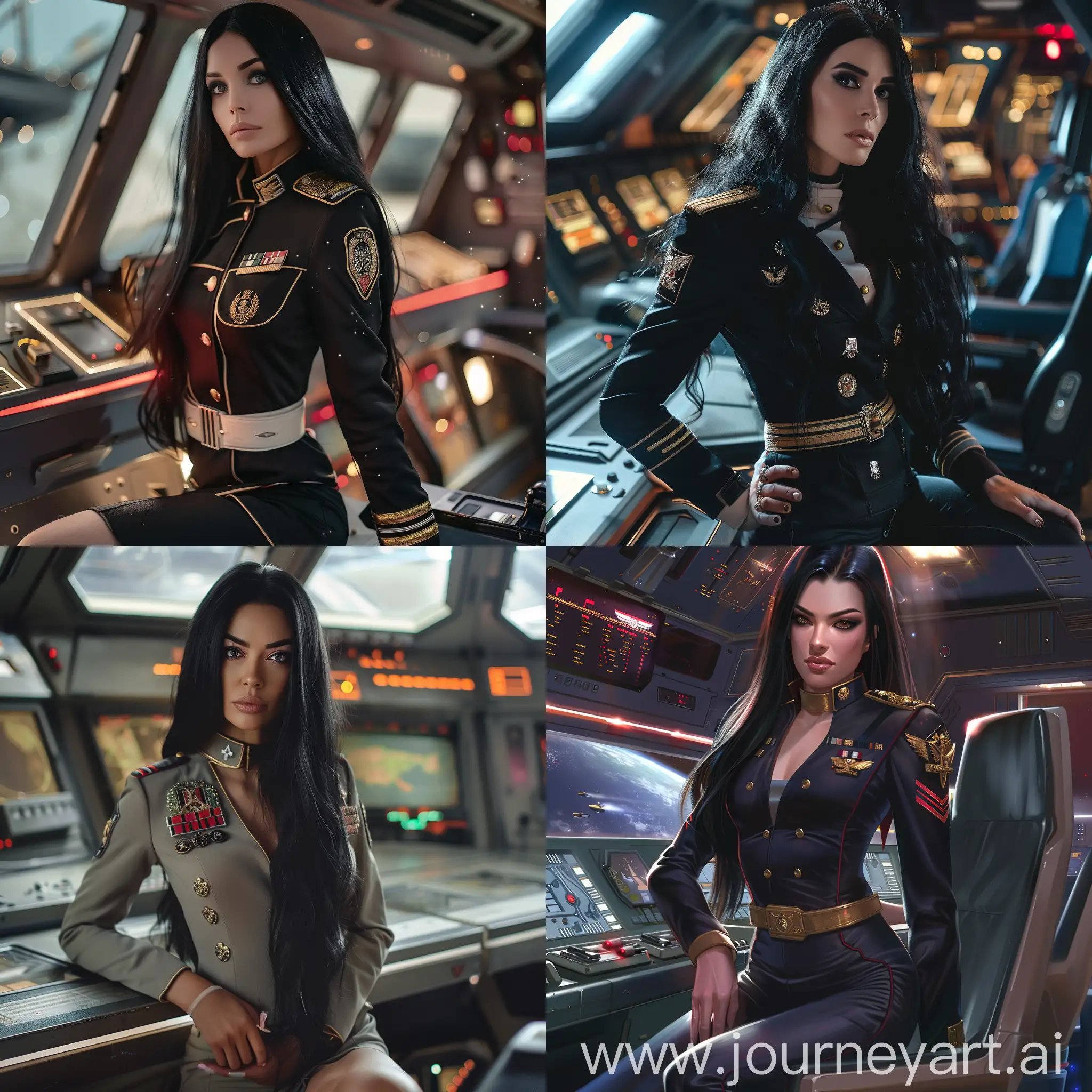 Slender, fit, beautiful woman with long black hair in imperial officer uniform, on a starship in the bridge