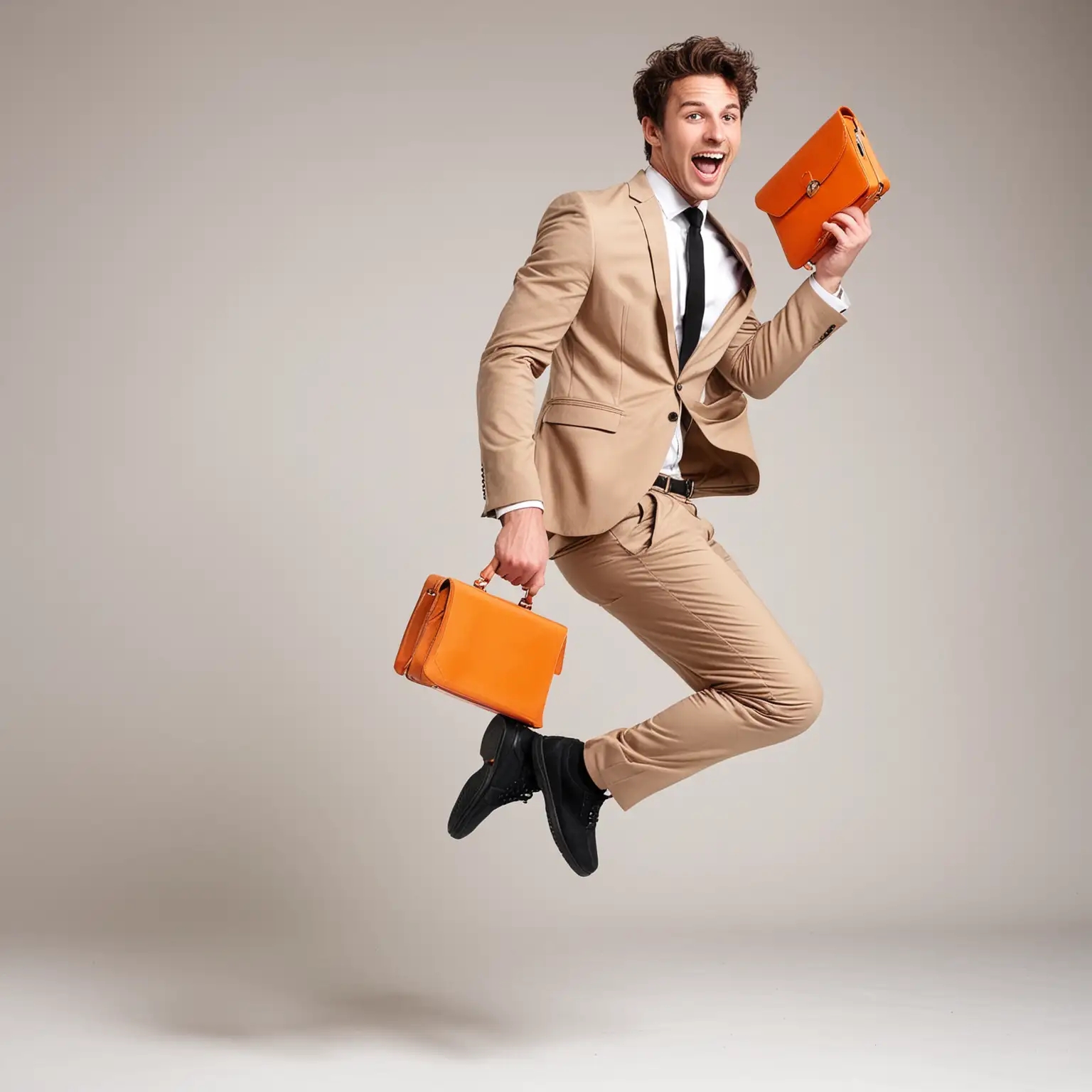 Energetic Caucasian Man Jumping with Orange Briefcase