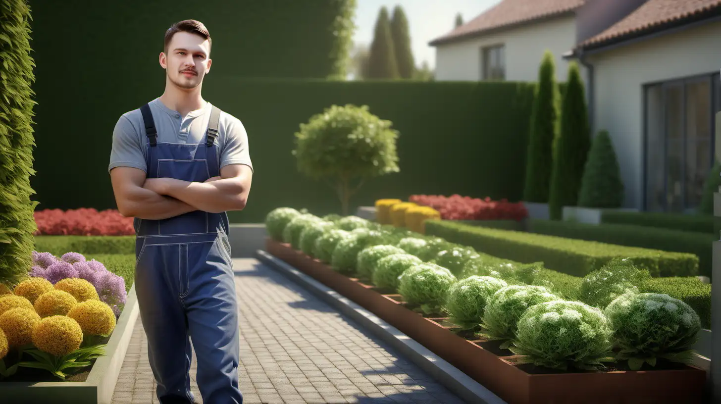 foreman, horticulture, young man, european, nice bright garden, photorealistic, high quality render