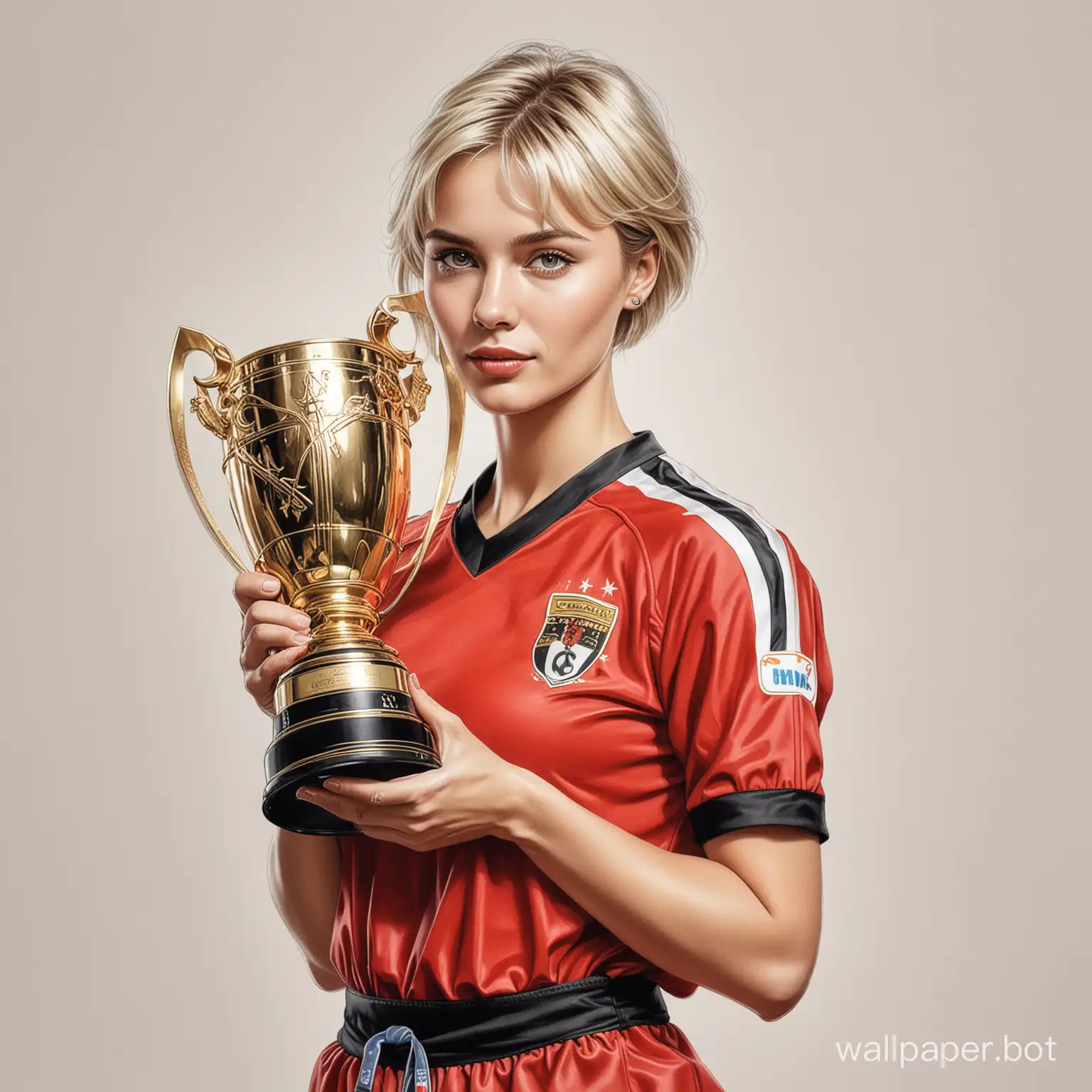Sketch of young Irina Chashchina with blonde short hair size 4 chest narrow waist in red and black football uniform holding big champions cup on white background highly realistic drawing with color marker