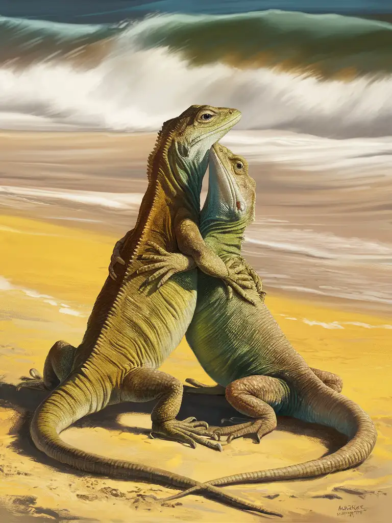 Two lizards embracing on a beach, stylized in the manner of Rosa Bonheur, naturalistic colors, harmonious blend of earth tones with shades of green and brown for the lizards' bodies, the use of warm yellow and beige for the sandy beach, depiction of motion in the midday ocean waves in the background, detailed texture of the lizards' skin, expressive rendering of the lizards' faces with eyes sparkling under the daylight.