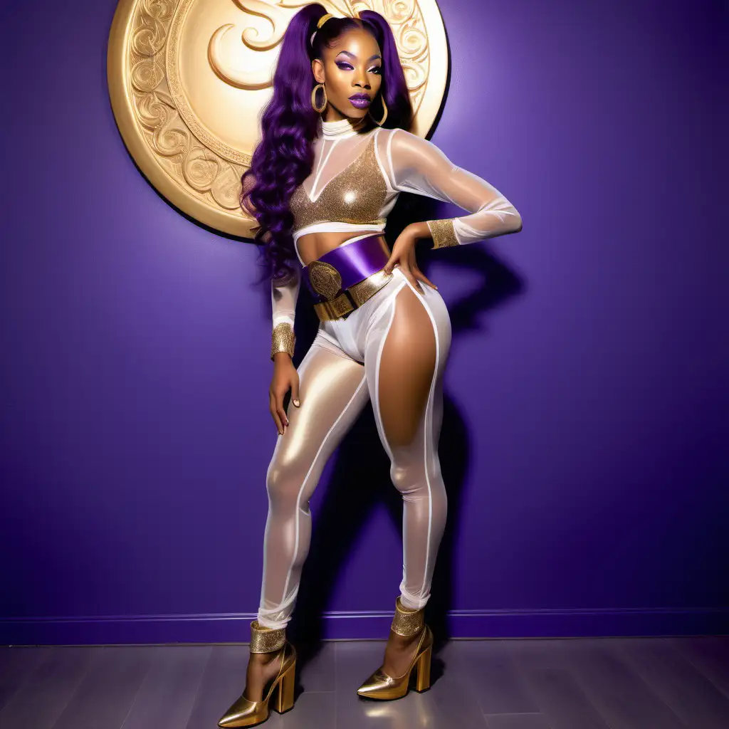 African American woman genie with shimmering makeup with long purple hair ponytail in a sheer see thru outfit in gold and white with a brown belt with Aladdin shoes in purple. 2024 in background on the wall in two tone color in white and gold