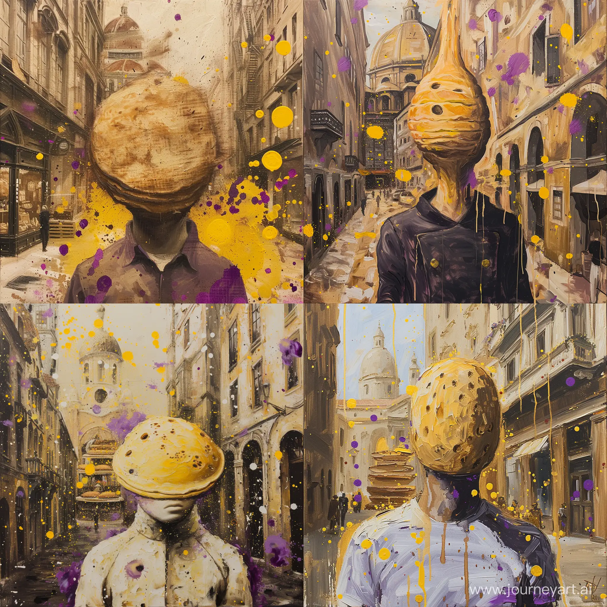the painting is made in the anime style of the 90s, the painting is made in a stylized style, the painting depicts a man with a pancake head, the painting has partially yellow and purple oil paints and spots on the background, there is a bakery from the Renaissance in the background, the pancake man is located on a city street.