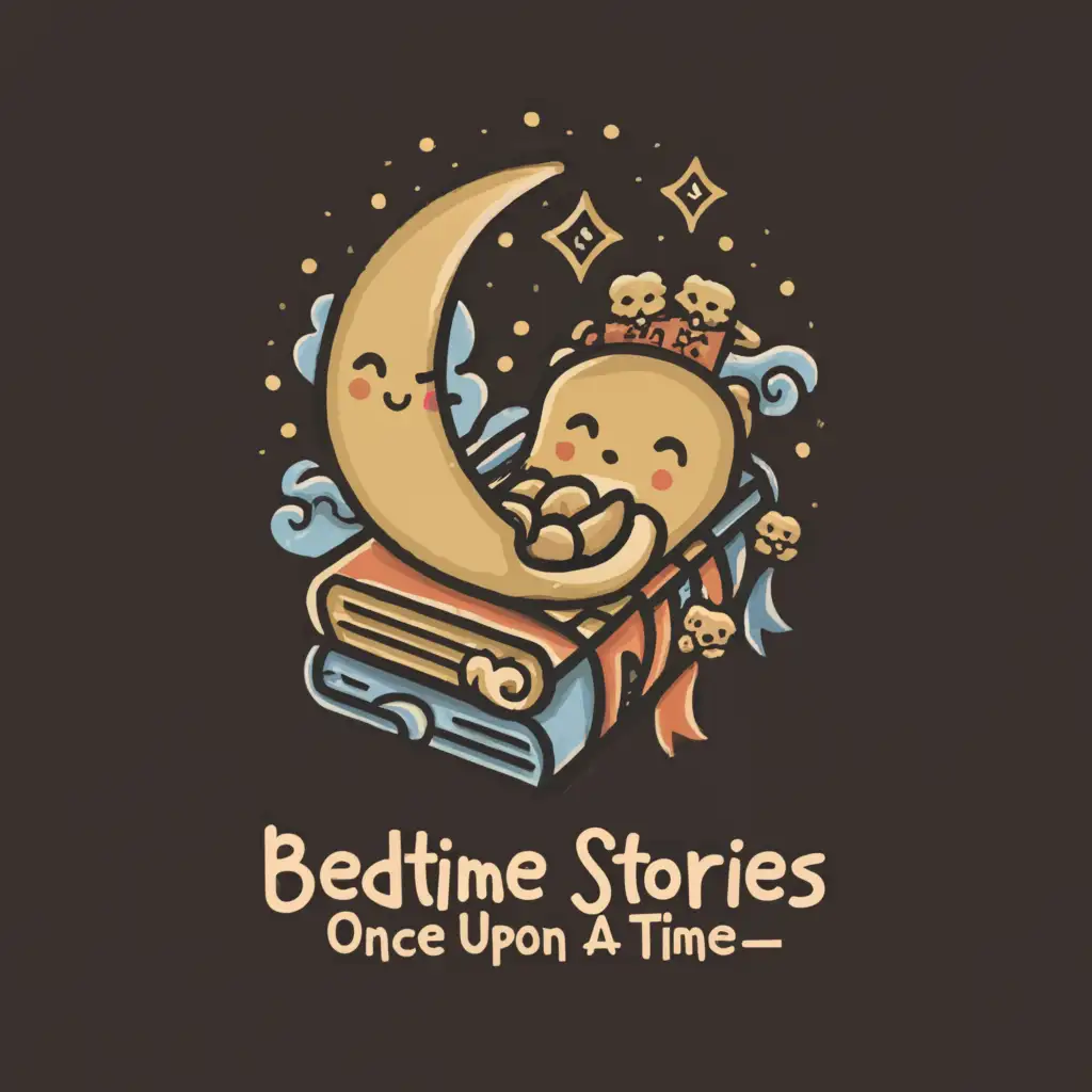 LOGO-Design-For-Bedtime-Stories-Whimsical-Book-Bed-with-Sleeping-Children-and-Smiling-Moon