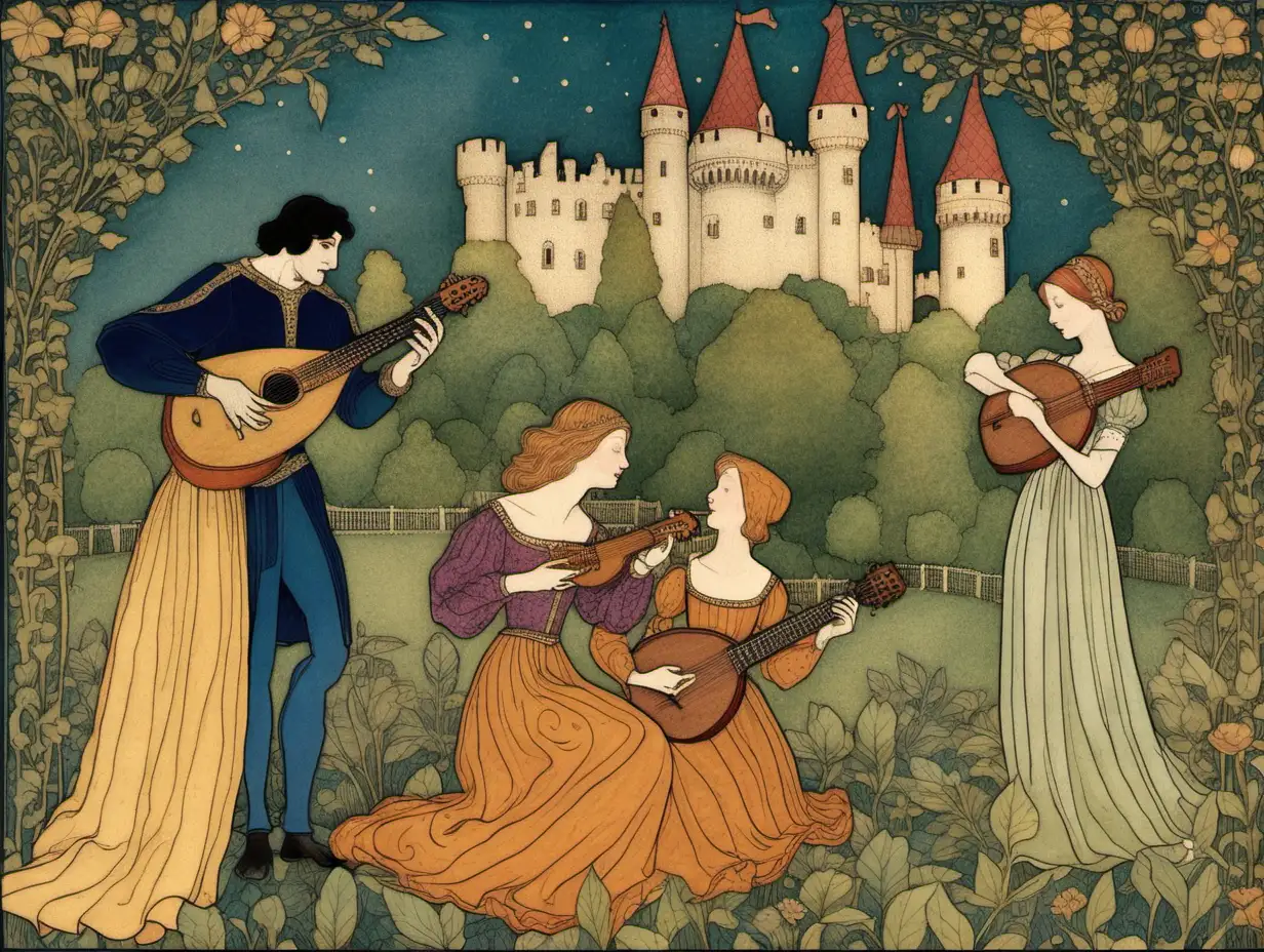 In the style of Dulac fairytale illustration, a troubadour with a lute serenading a medieval lady and her attendants in a garden with a castle in the background