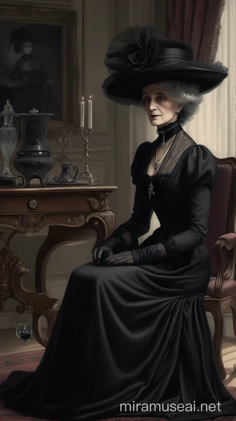 Create an AI drawing of an mature Edwardian lady in her parlour. She wears a black edwardian mourning dress and a black hat and a black veil. The scene should evoke the tranquility and sophistication of the Edwardian era. Te lady is mourning. She is also wearing black laced up boots. She is a vampire.