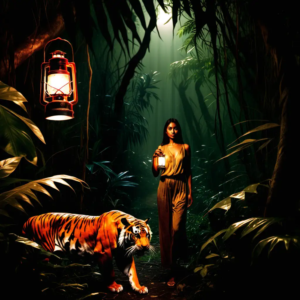 lady in jungle with lantern light, tiger in the shadows