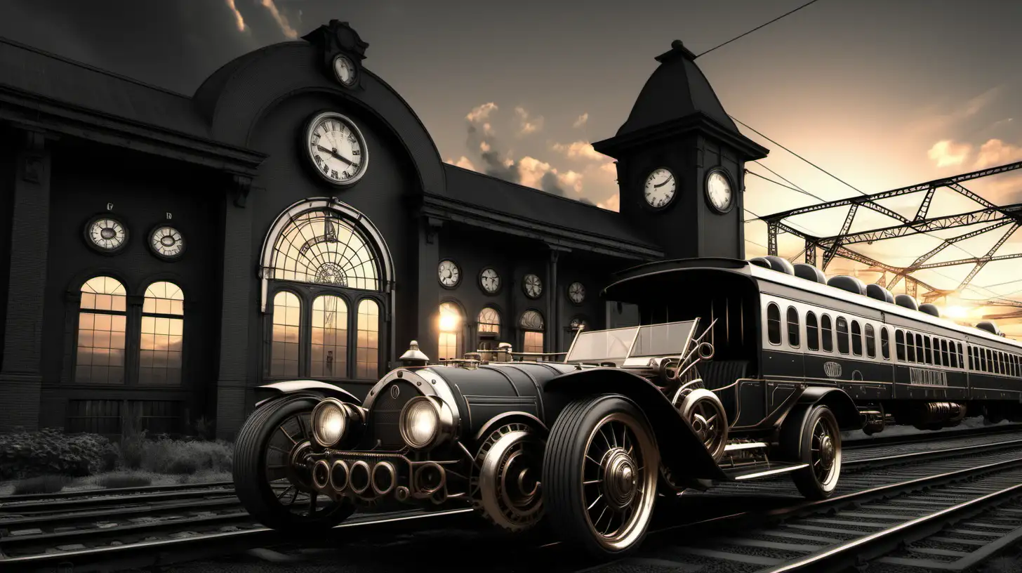 Vintage Steampunk Car Racing Outside Old Train Station at Sunset