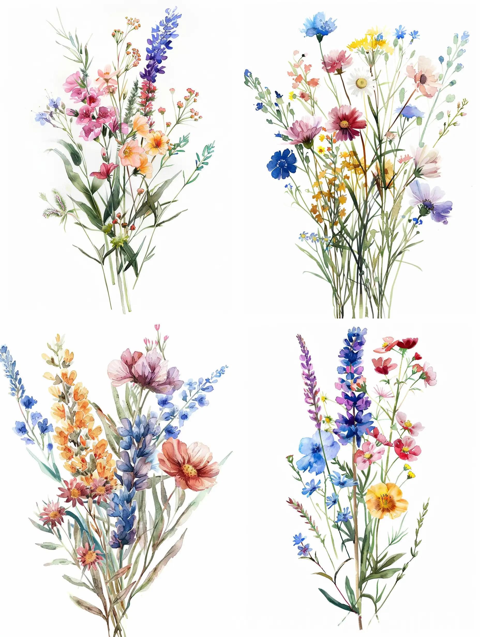 wildflower bundle isolated, watercolor, on completely white background, pastel colors