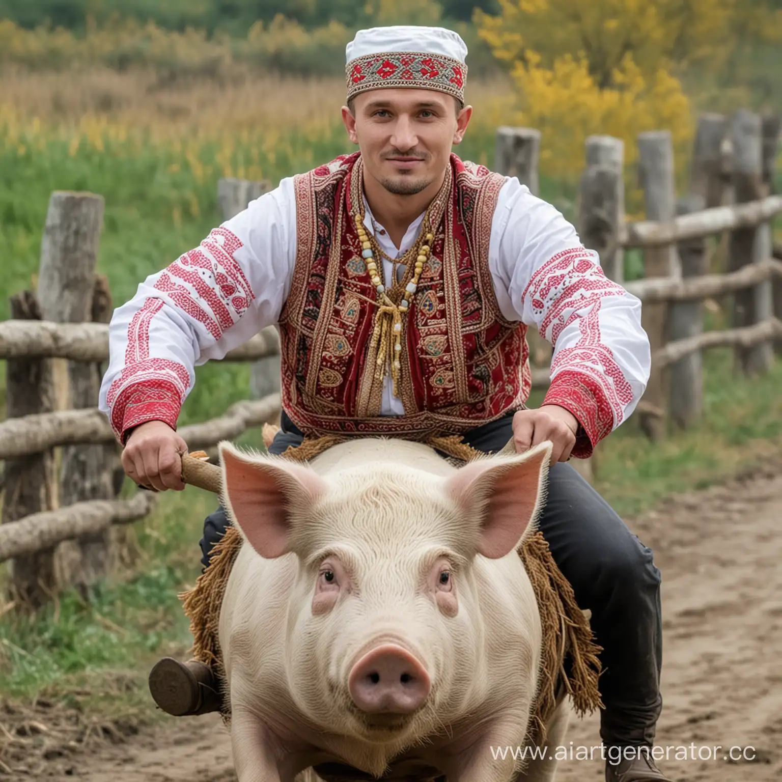 Украинец мужчина в традиционном костюме верхом на свинье