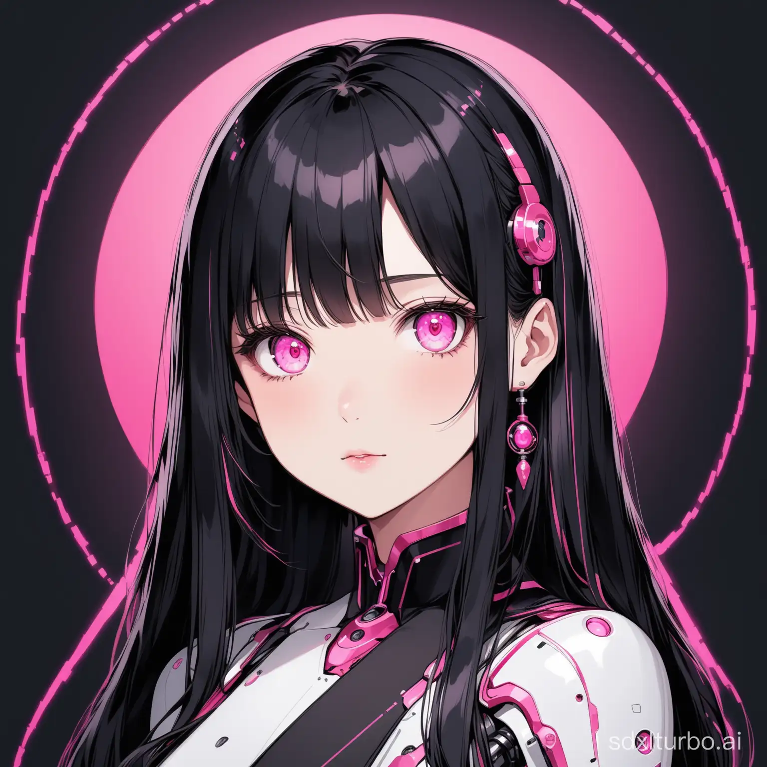 ai assistant with long black hair and pink eyes