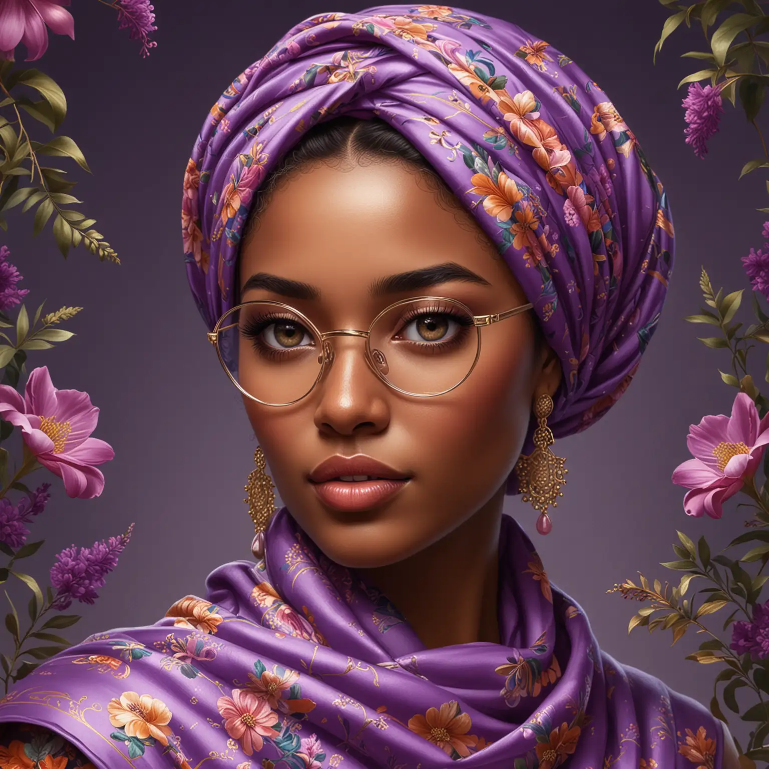 Illustrate a digital art portrait of a female character with a rich ebony complexion that exhudes sophistication and artistry. She should have prominent, striking eyes with long, dramatic eyelashes, and she should be wearing elegant round glasses with a gold frame. Her hair shoul be styled in a vibrant headscarf lavishly adorned with colouful and elaborate floral patterns, including large purple blooms. The character should be neutral and simple to ensure the focus remains on the character, and there should be no text included in the image. The image should have the aesthetic of an art prompt guide cover, embodying a blend of modern and classical elegance.