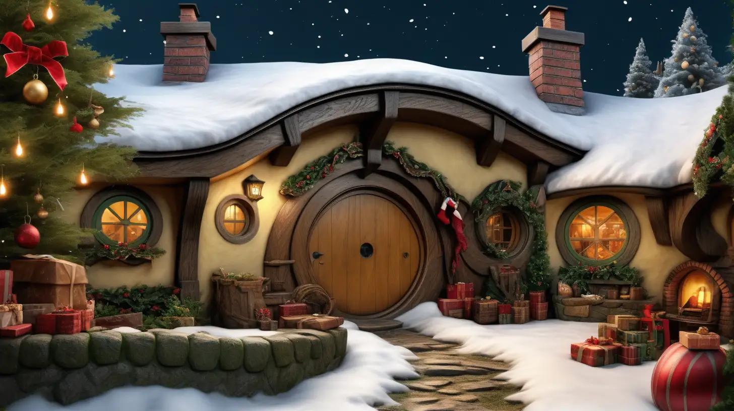 best quality, ultra-realistic photo, bilbo baggins' house in christmas style