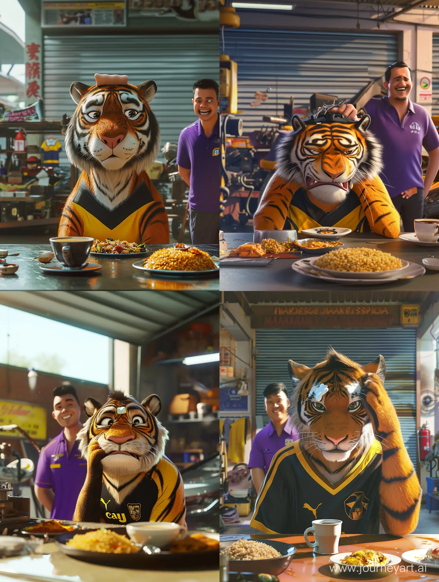 ultra realistic animation cartoon,a tiger is having breakfast. his head was plastered with a headache plaster. there is nasi lemak and coffee on the table. The tiger raised its chin with a sad face. The tiger wears a black and yellow Malaysian football jersey. the background of a closed modern car workshop. behind there is a malay mechanic wearing a purple shirt and smiling. there is refraction of morning sunlight. canon eos-id x mark iii dslr --v 6.0