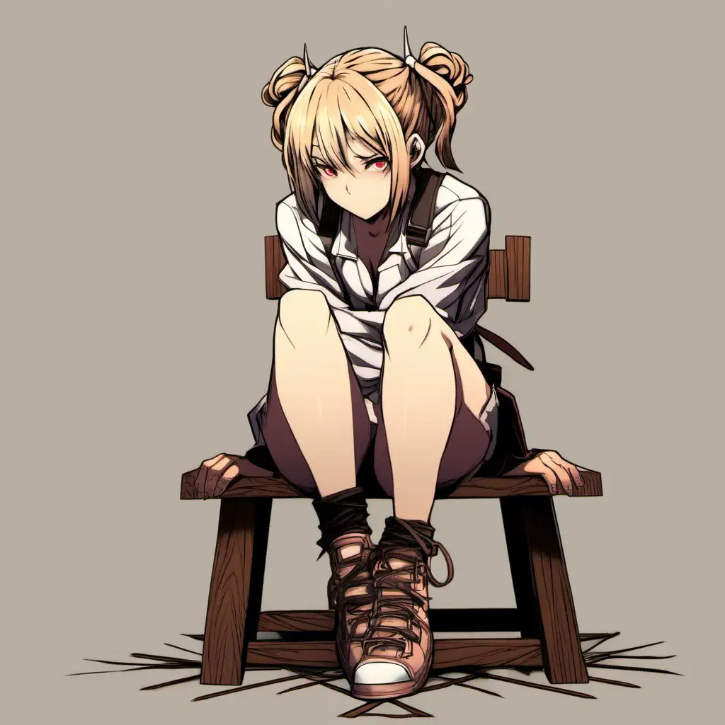 anime woman, tall, buff, half demon, half angel, bored expression, tired, low energy, intimidating, braided hair, short hair, full body, sitting in a wooden chair
