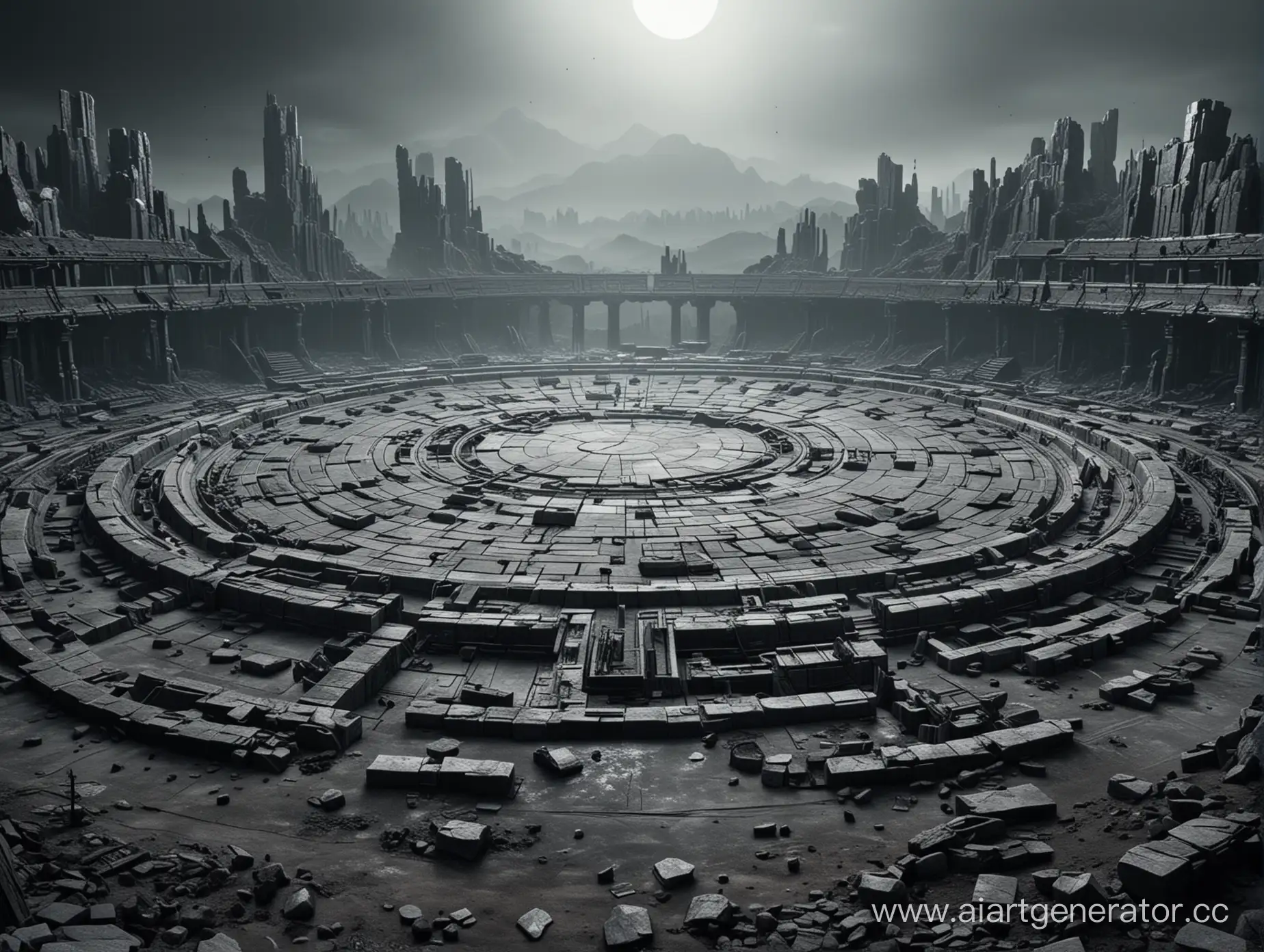 Огромная пустая круглая арена для битв из камня на серой планете, в темных тонах, в стиле постапокалиптики.
