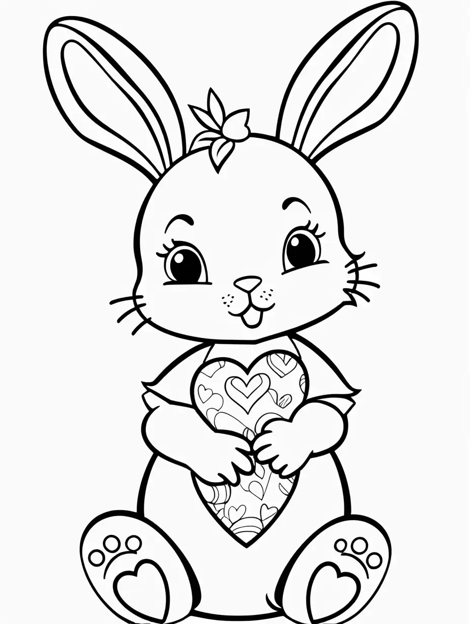 Very easy coloring page for 3 years old toddler. Easter baby bunny with hearts. Without shadows. White background.