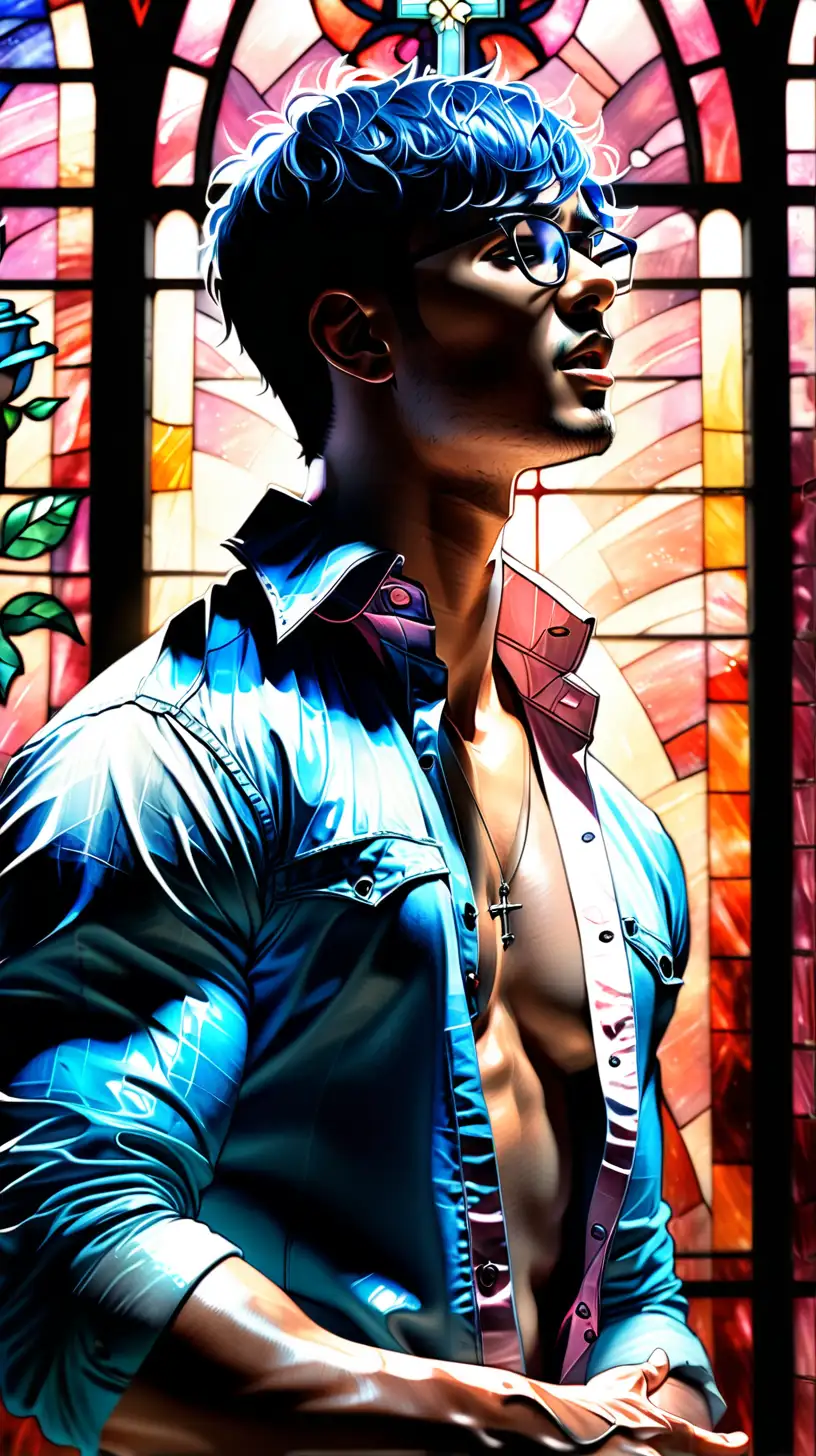Create a striking AI drawing featuring a handsome male vocalist in a captivating performance. This vocalist, with short navy blue hair, a 5 o'clock shadow, and aquamarine-colored eyes, wears glasses that add to his charismatic appeal. He's shown floating mid-air in a church, surrounded by the ethereal glow of rose-stained glass. The artist should depict him as sweaty, shirtless, and wearing open, unbuttoned pink shirt, allowing viewers to admire his exposed chest, abs, and muscular legs in blue jeans. The vocalist is passionately singing, pouring his heart into the music as he captivates the audience with his raw emotion and talent. The drawing should capture the magical atmosphere of the church setting and the intensity of the performance in a full-body shot, showcasing the artist's skill in portraying both the physical presence and emotional depth of the scene.