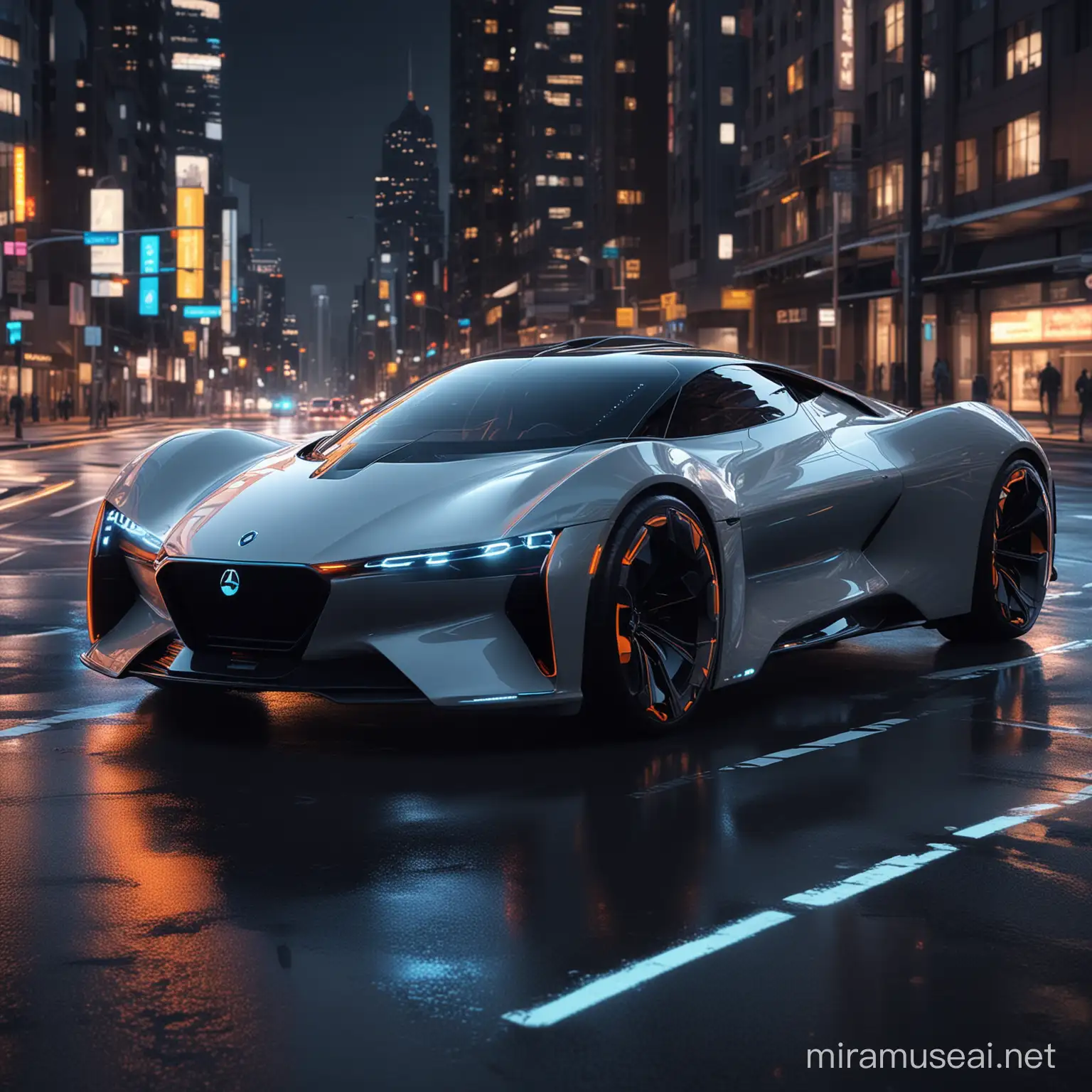 Imagine a sleek, futuristic autonomous car gliding through a cityscape at night. Illustrate its dynamic lines and glowing LED accents. Capture the interplay of shadows and neon reflections, highlighting its advanced sensors and AI-driven navigation system."