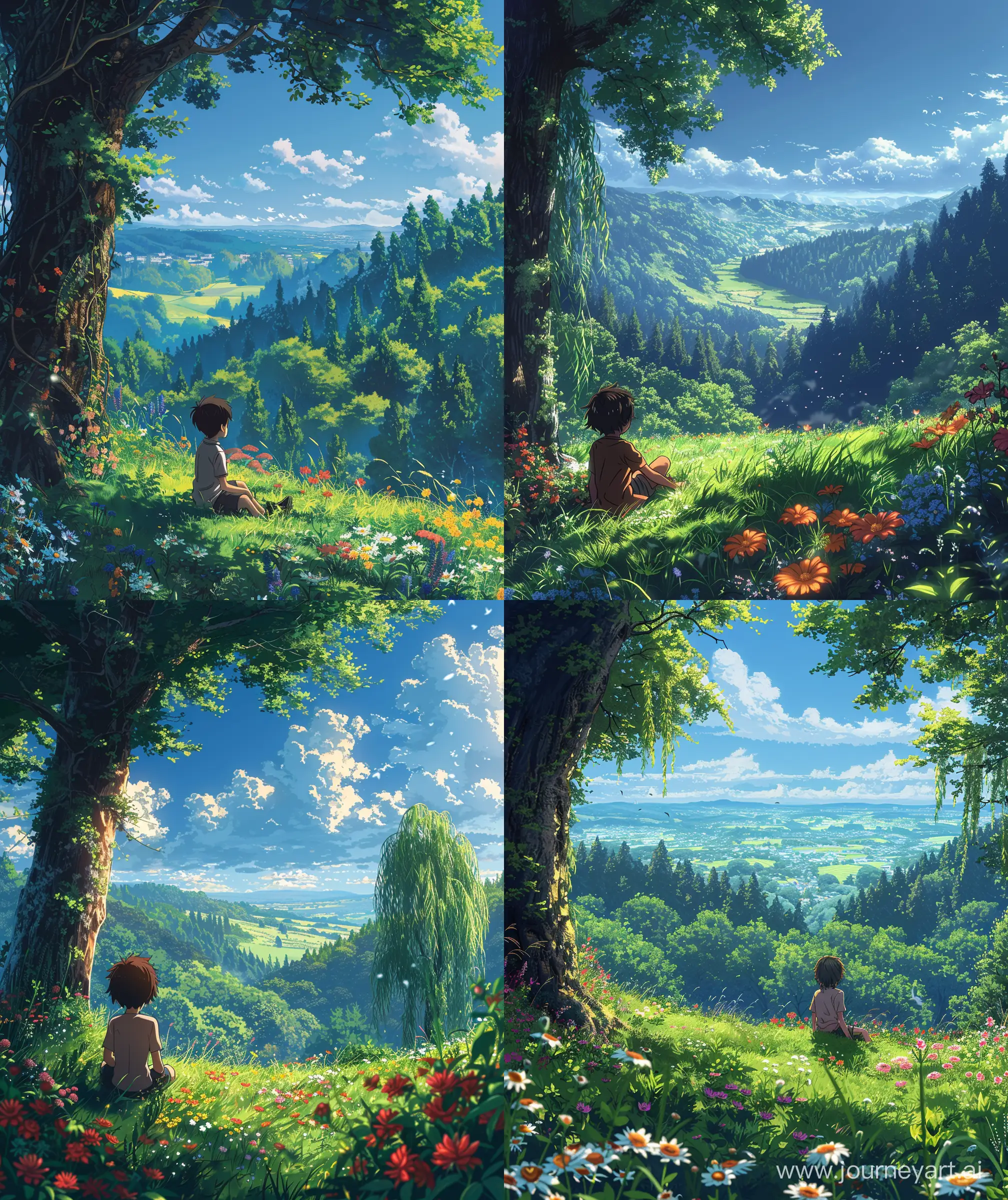 Serene-Anime-Morning-Little-Boy-Under-Willow-Tree-in-Makoto-Shinkai-Style
