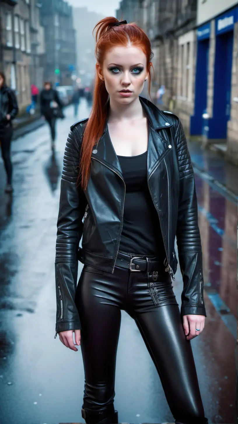 Edgy Redhead Woman in Leather Outfit Strolling Through Rainy Edinburgh