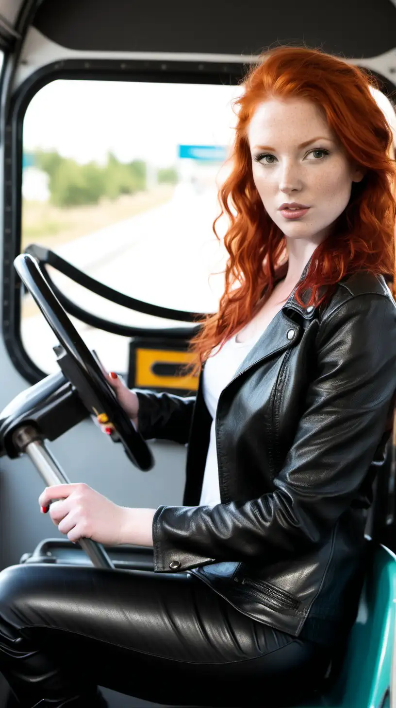 Redhead in leather driving a bus