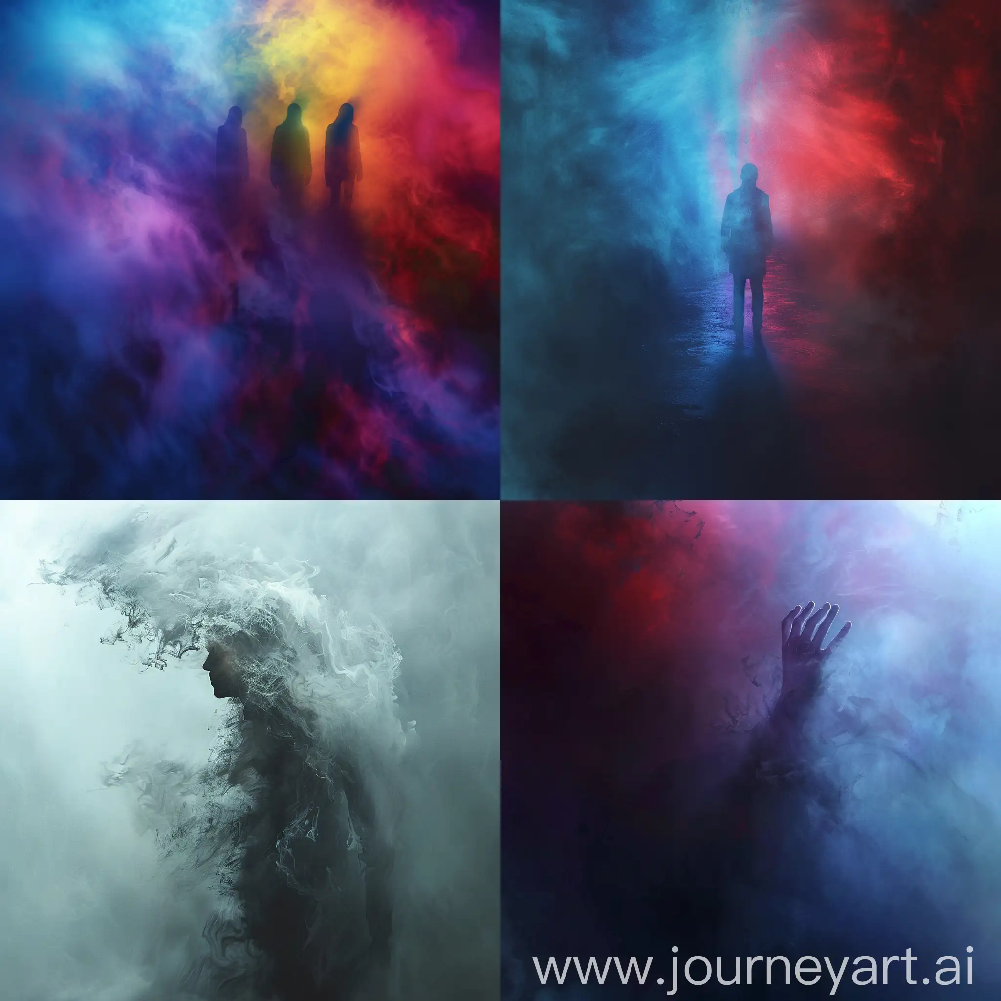 schizophrenia, surrealism colorful, dramatic lighting and shadows, fog, realistic visualization, high detail, deep background drawing, hyperrealistic