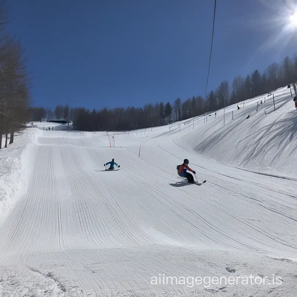 The slope has ten runs for skiing and tubing, with a lift for skiers next to Russian sleds.