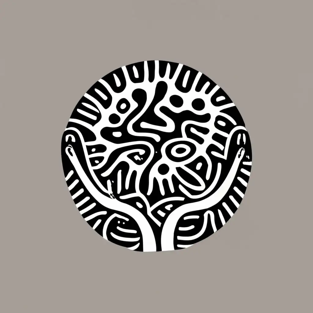 Create a culturally appropriate simplified monochrome professional grassroots logo inspired by Australian Aboriginal art and Keith Haring that demonstrates global social justice from a complementary community environmental perspective