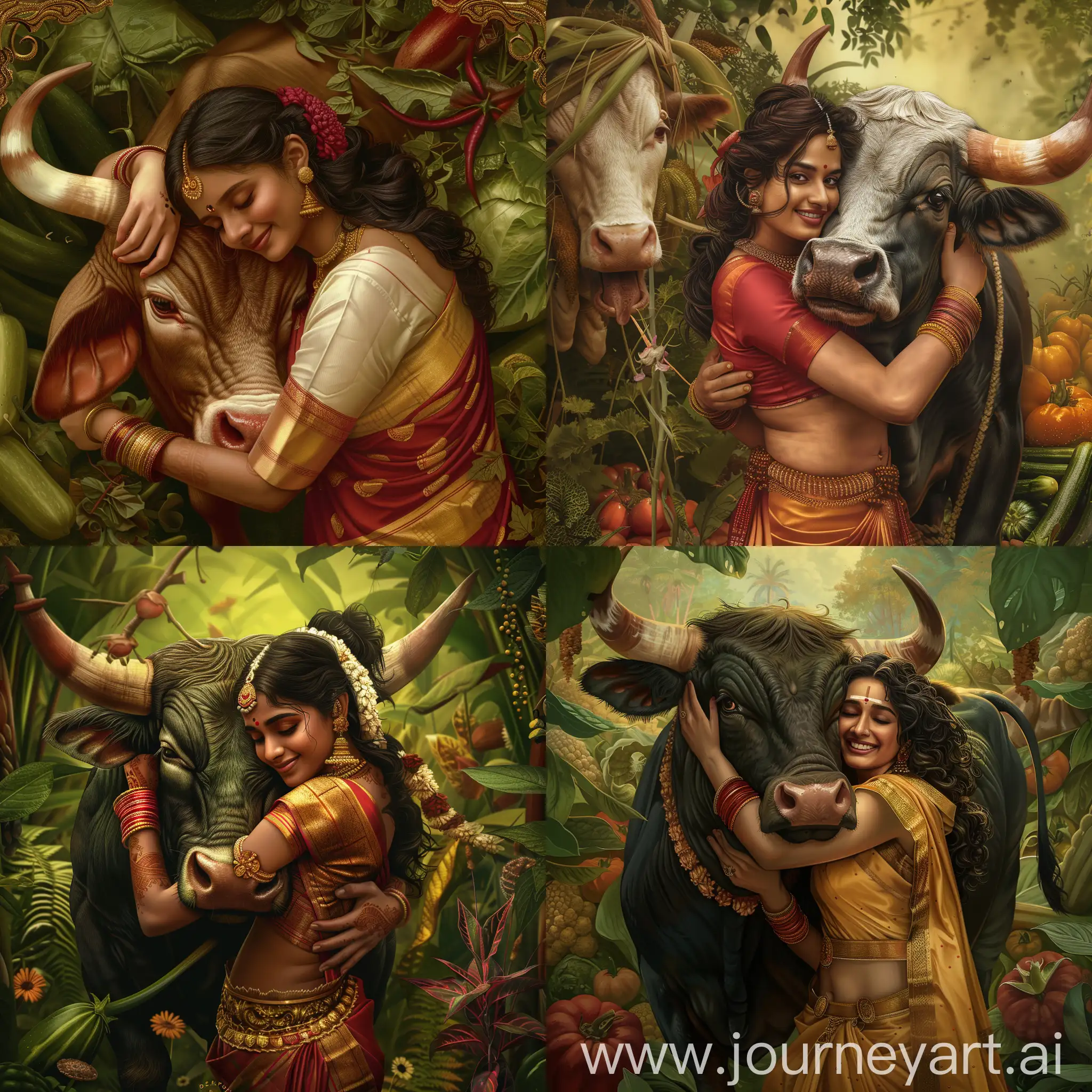 a stunning visual of a theme "a very beautiful Kerala Malayali woman hugging an Indian bull", bosomy, picturesque, intricately detailed, photorrealistic selfie scene, A very well crafted, detailed, subtle smooth color tone, vegetable world background