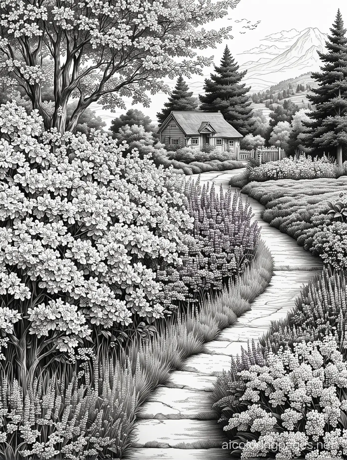 British-Garden-Sketch-Luxurious-Lilacs-and-Evergreen-Trees