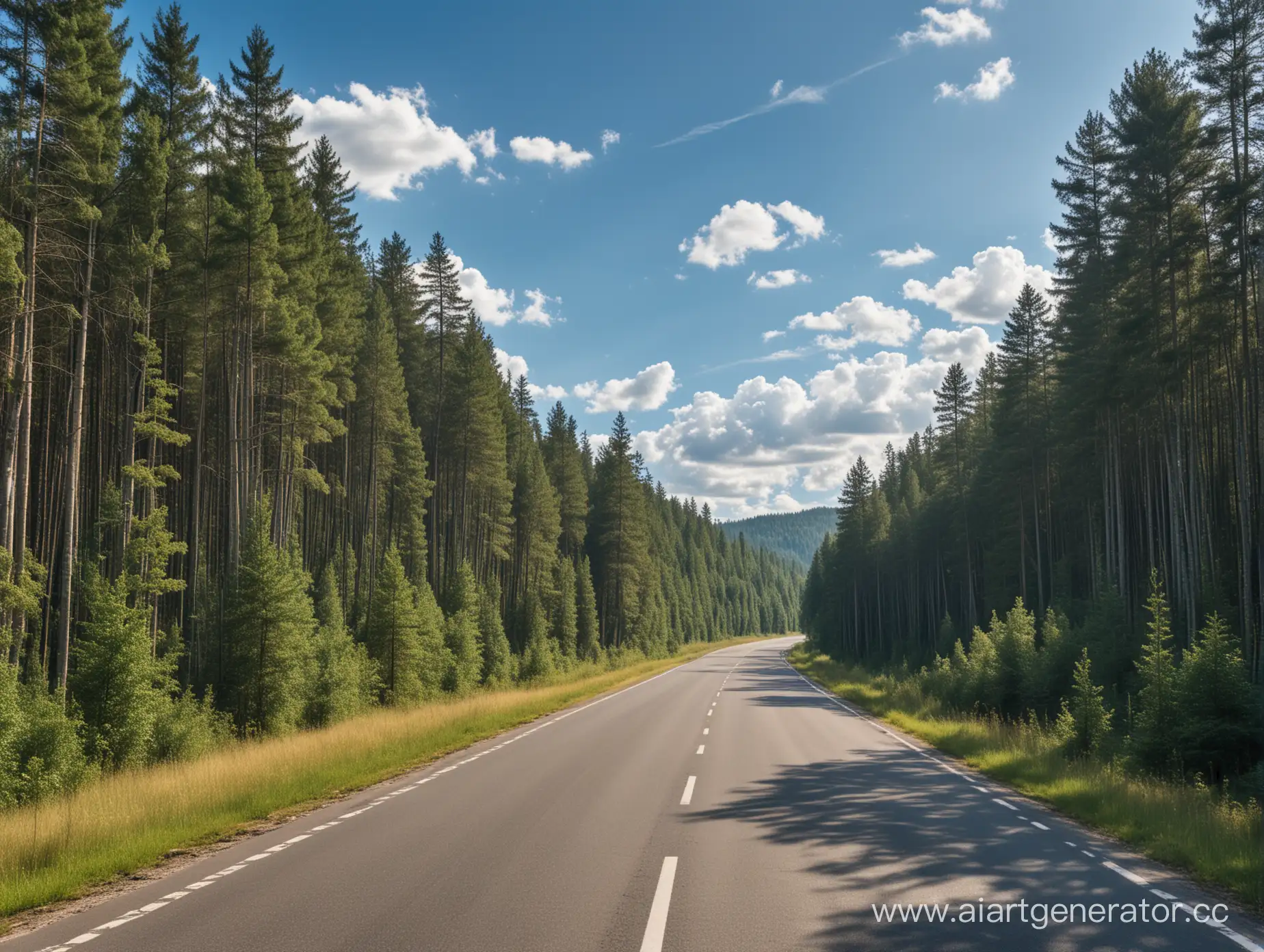 Scenic-Forest-Road-Vanishing-into-the-Horizon-under-Blue-Sky