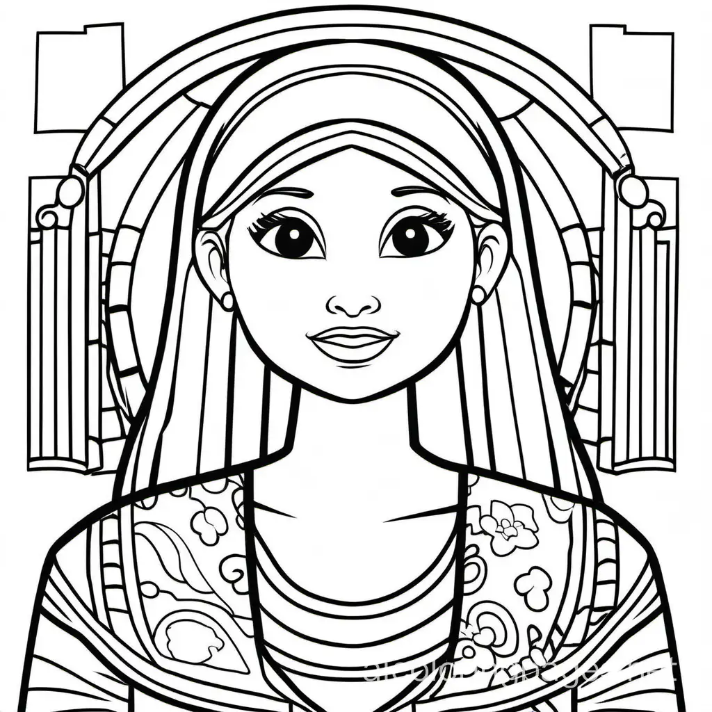Amira, Coloring Page, black and white, line art, white background, Simplicity, Ample White Space. The background of the coloring page is plain white to make it easy for young children to color within the lines. The outlines of all the subjects are easy to distinguish, making it simple for kids to color without too much difficulty